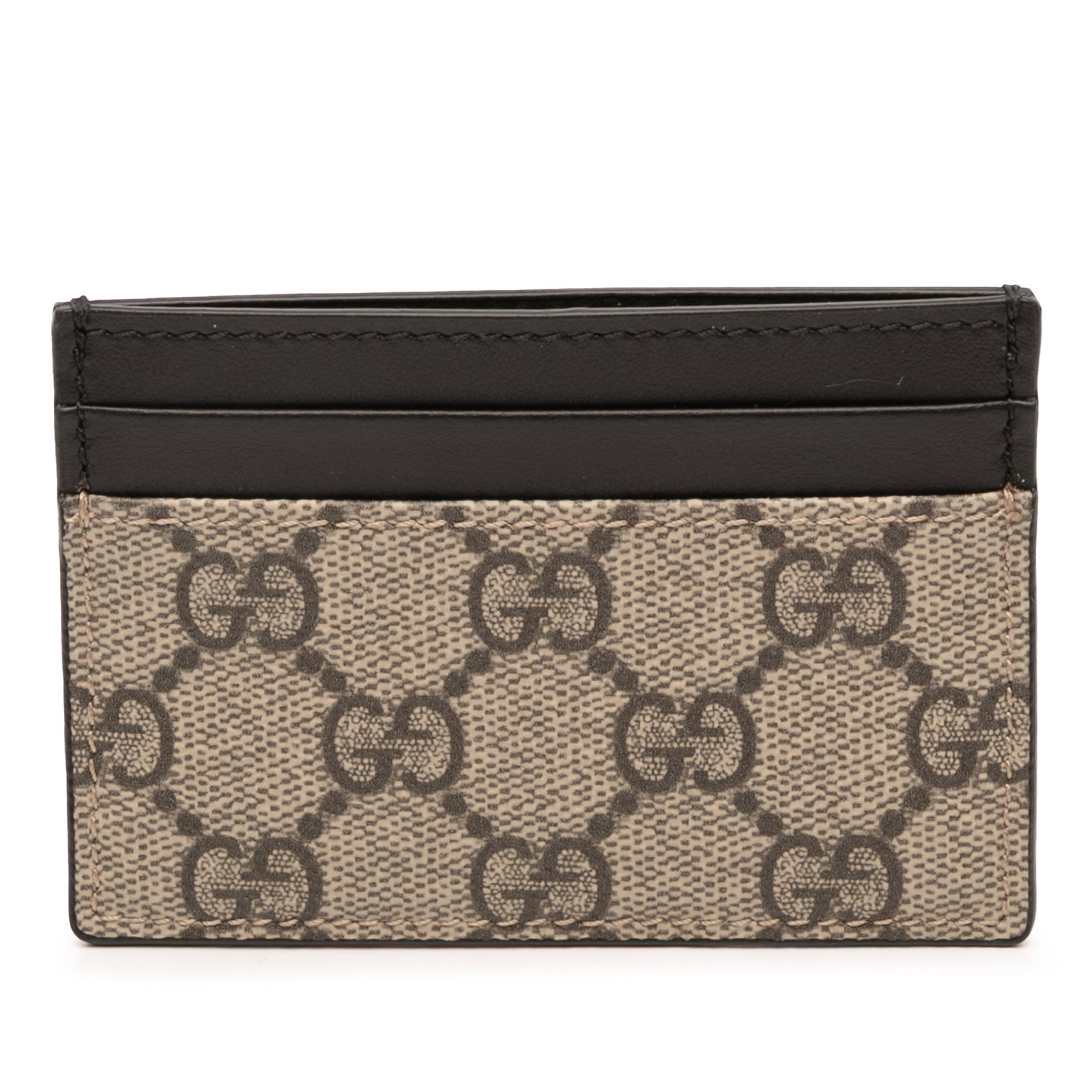 Beige GG Supreme Gucci Canvas Card Case with Leather Trim: Beige GG Supreme Gucci Canvas Card Case with Leather Trim This Gucci GG Supreme card holder features a coated canvas body with leather trim and multiple card slots. It is designed in a beige color and