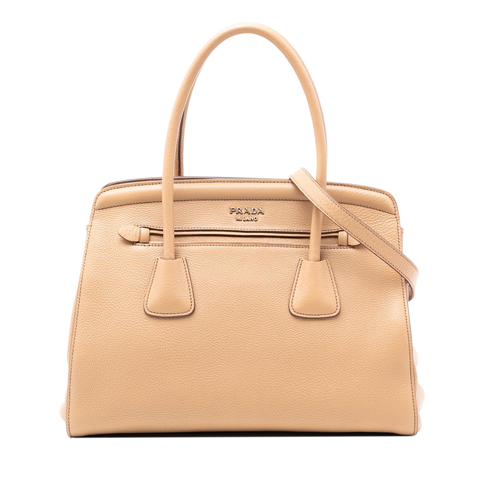 Prada Vitello Daino Leather Convertible Frame Tote Bag Beige: Prada Vitello Daino Leather Convertible Frame Tote Bag Beige This Prada Vitello Daino Cuir Frame Convertible Tote is crafted from beige leather and features rolled leather handles, an open top with a 