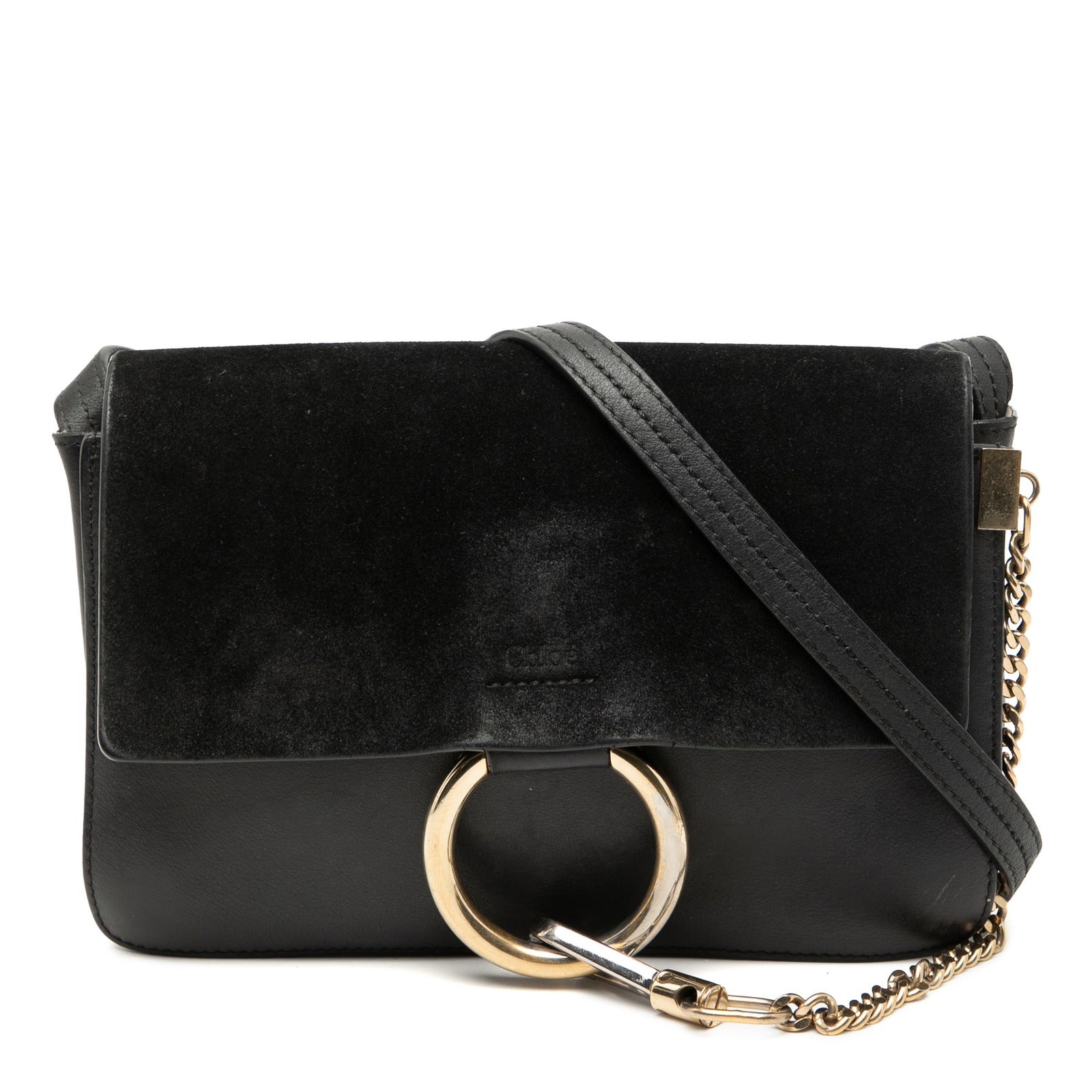 Chloe Faye Crossbody Bag Small Suede and Calf Leather Black: Chloe Faye Crossbody Bag Small Suede and Calf Leather Black This Chloe Small Faye Crossbody features a combination of suede and calf leather in black. The bag is designed with an adjustable flat leath