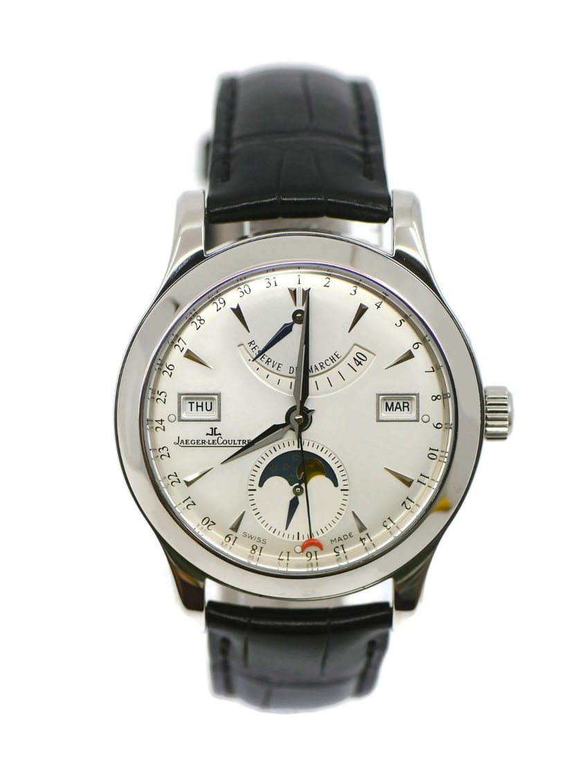 Master Calendar Stainless Steel Wristwatch by Jaeger LeCoultre Ref Q151842A: Master Calendar Stainless Steel Wristwatch by Jaeger LeCoultre Ref Q151842A The Jaeger LeCoultre Master Calendar is a sophisticated men's wristwatch featuring a polished stainless steel case and a smo