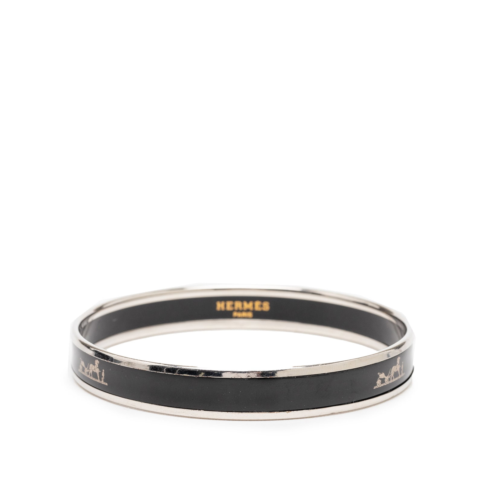 Hermes Caleche Black Enamel Palladium Plated Slim Bangle Bracelet 62: Hermes Caleche Black Enamel Palladium Plated Slim Bangle Bracelet 62 This Hermes Narrow Caleche Enamel Bangle 62 features a printed enamel design with a palladium plated body. The bracelet is finished