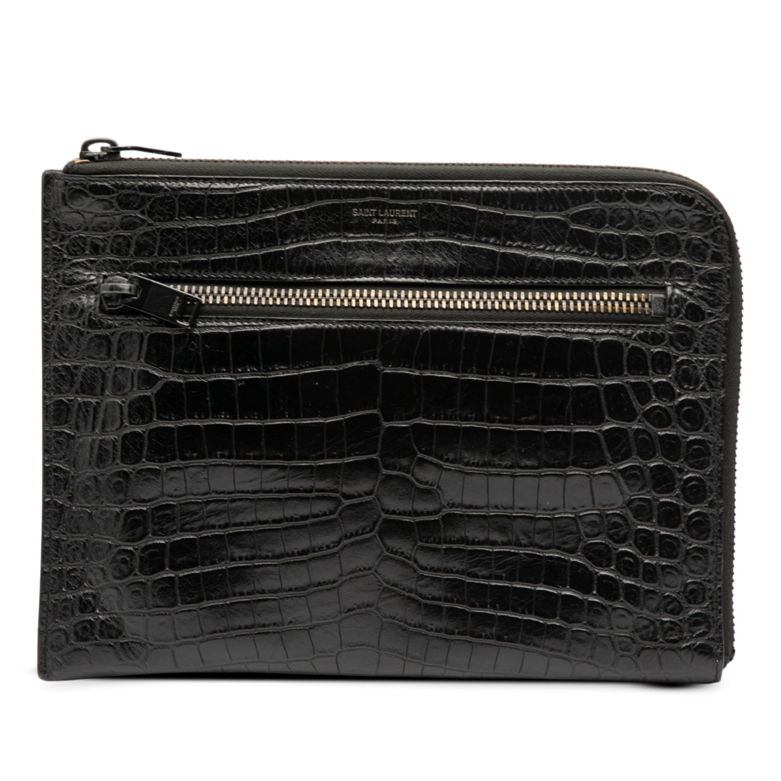 Saint Laurent Black Croc Embossed Leather Clutch Bag: Saint Laurent Black Croc Embossed Leather Clutch Bag This Saint Laurent clutch bag showcases a sophisticated croc embossed leather body, designed for elegance and functionality. It features a secure t