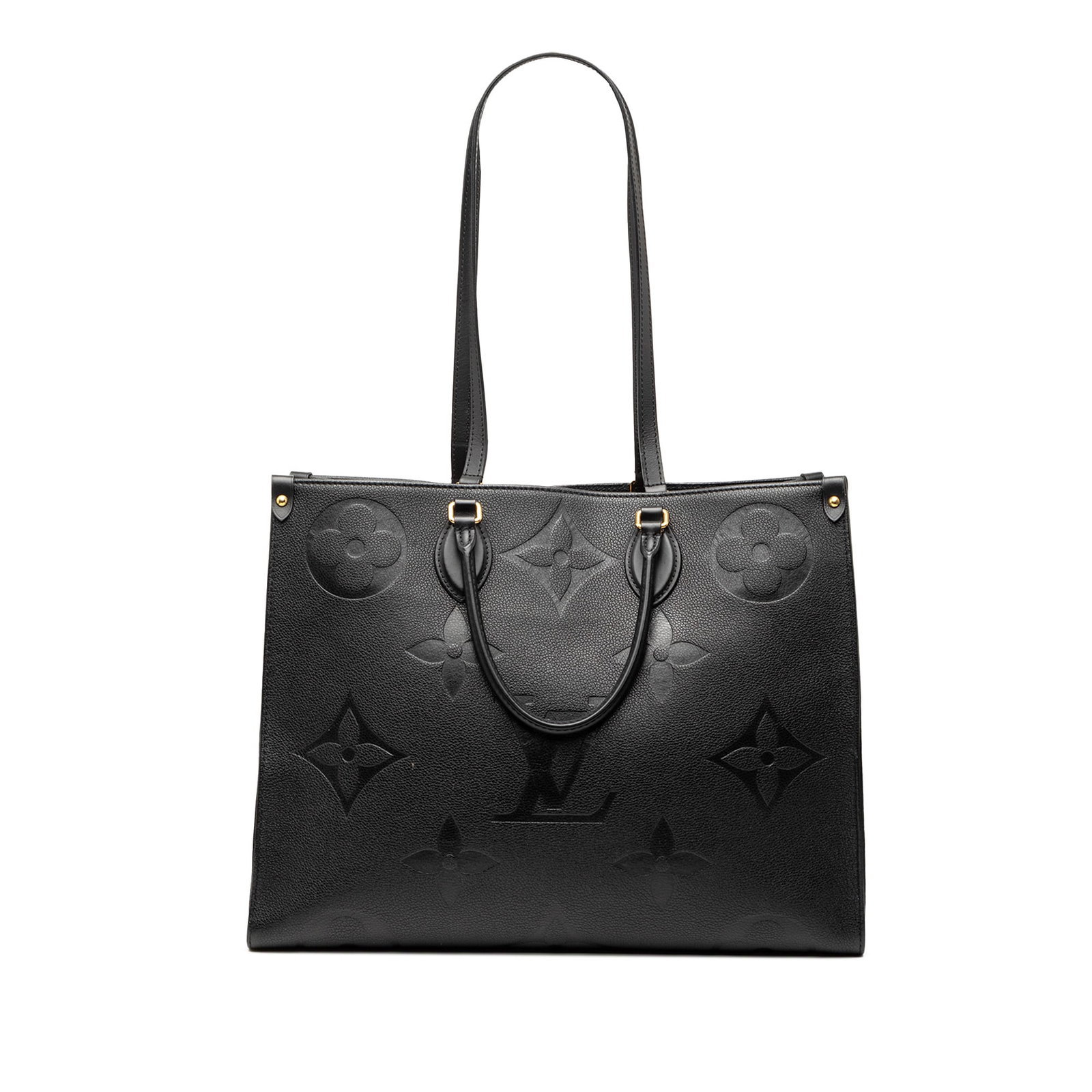 Louis Vuitton Onthego GM Black Monogram Empreinte Leather Shoulder Bag: Louis Vuitton Onthego GM Black Monogram Empreinte Leather Shoulder Bag This Louis Vuitton Onthego GM bag features a monogram empreinte leather body in black, rolled handles, flat shoulder straps, and 