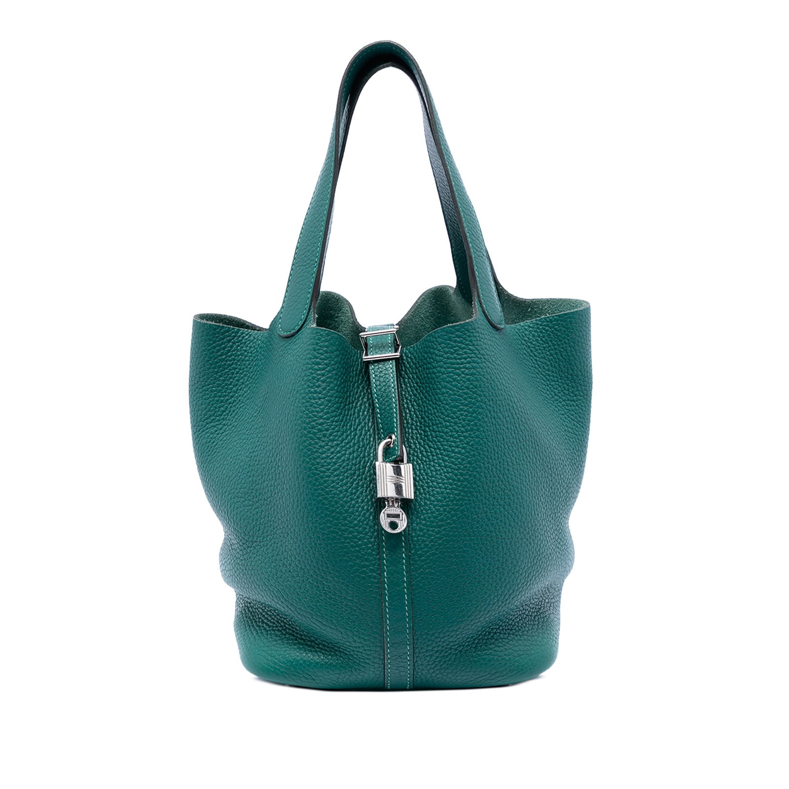 Hermes Picotin Lock 22 Clemence Leather Green Malachite Handbag: Hermes Picotin Lock 22 Clemence Leather Green Malachite Handbag This Hermes Picotin Lock 22 is crafted from Clemence leather in a vibrant Malachite green color. It features flat leather handles and an