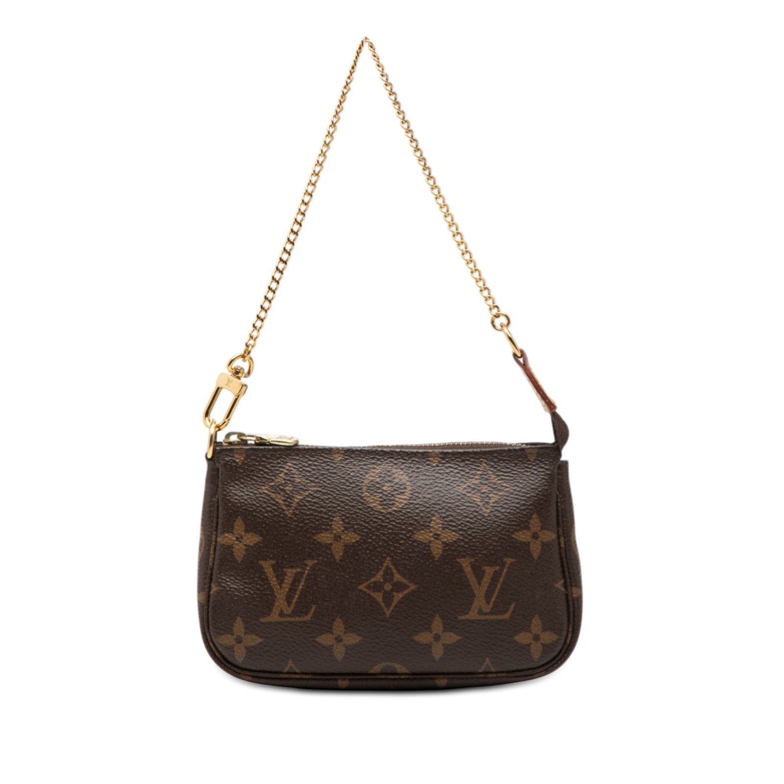 Louis Vuitton Brown Monogram Canvas Mini Pochette with Chain Strap: Louis Vuitton Brown Monogram Canvas Mini Pochette with Chain Strap The Louis Vuitton Monogram Mini Pochette Accessoires is crafted from signature monogram canvas and features a gold-tone chain strap w