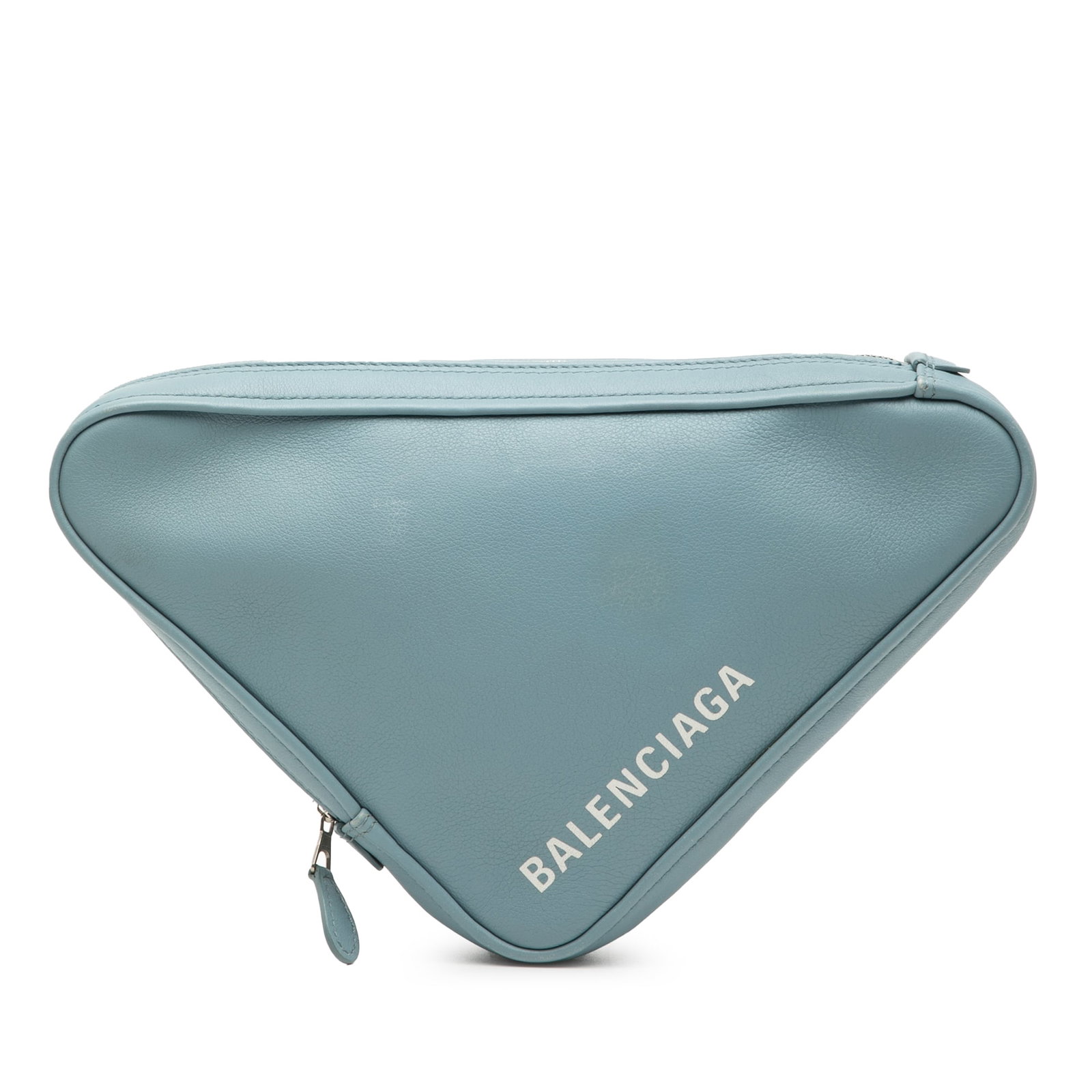 Blue Balenciaga Triangle Medium Leather Zip Clutch Bag: Blue Balenciaga Triangle Medium Leather Zip Clutch Bag This Balenciaga Medium Leather Triangle Clutch features a distinctive triangular shape crafted from leather, complemented by a zip-around closure