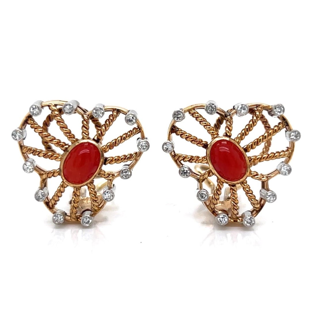 Pair of 18K Gold Earrings with Coral and Diamond Details from the 1960s: Pair of 18K Gold Earrings with Coral and Diamond Details from the 1960s These 1960s earrings are crafted from 18K yellow gold and feature two coral stones accented by 24 diamonds totaling approximatel