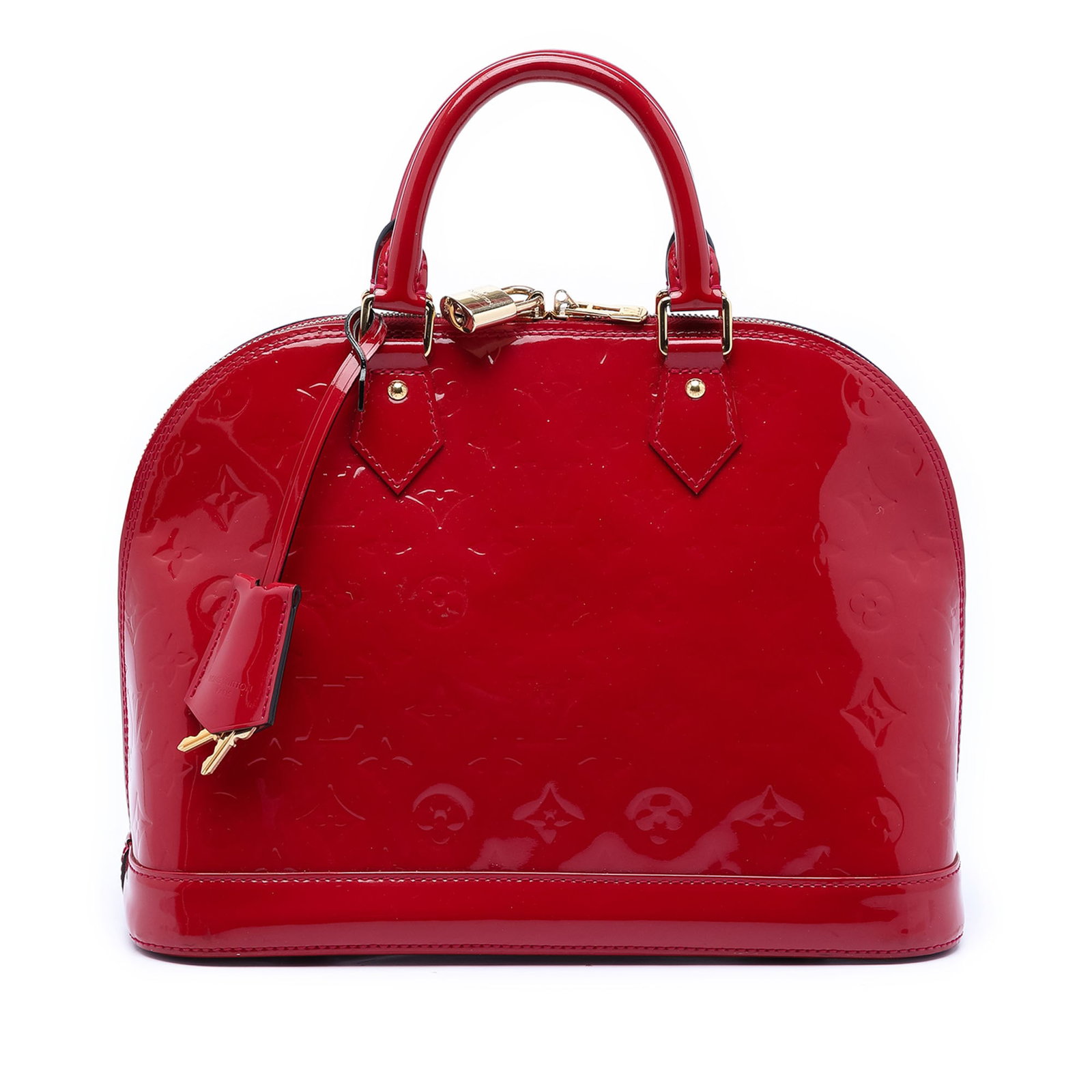 Red Vernis Leather Alma PM Handbag by Louis Vuitton: Red Vernis Leather Alma PM Handbag by Louis Vuitton This Louis Vuitton Monogram Vernis Alma PM features a glossy monogram vernis leather exterior in red with rolled leather handles and a top zip closu