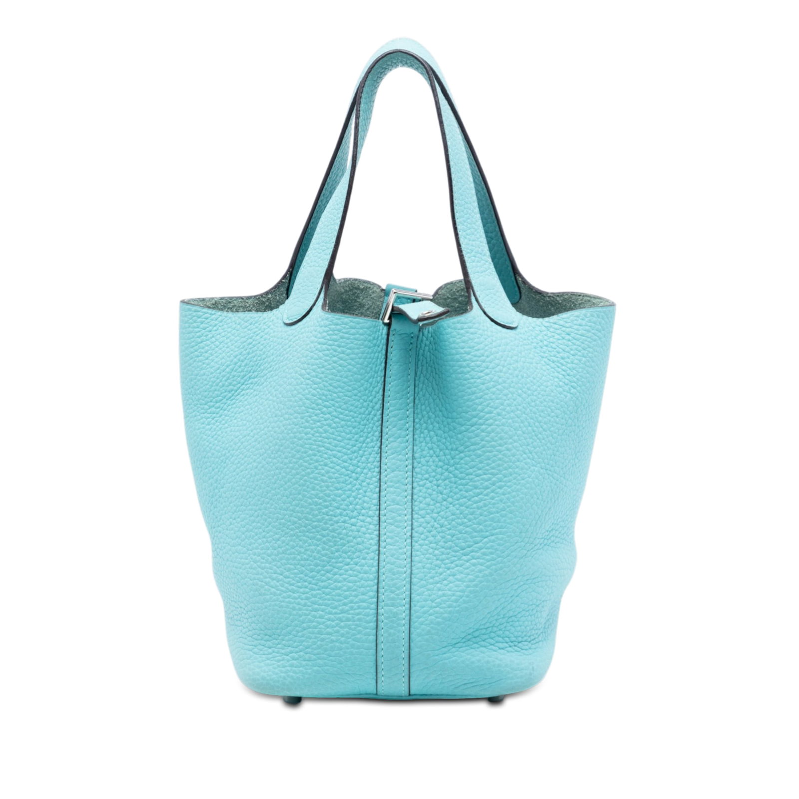 Hermes Picotin Lock 18 Clemence Leather Blue Handbag France: Hermes Picotin Lock 18 Clemence Leather Blue Handbag France The Hermes Clemence Picotin Lock 18 is crafted from Clemence leather in a Bleu Atoll color. It features flat leather handles and a top pull-