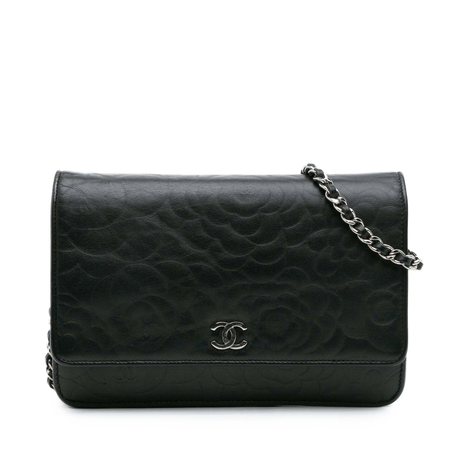 Chanel CC Camellia Wallet On Chain Black Lambskin Leather: Chanel CC Camellia Wallet On Chain Black Lambskin Leather The Chanel CC Embossed Lambskin Camellia Wallet On Chain is a stylish and functional accessory crafted from luxurious embossed lambskin leathe