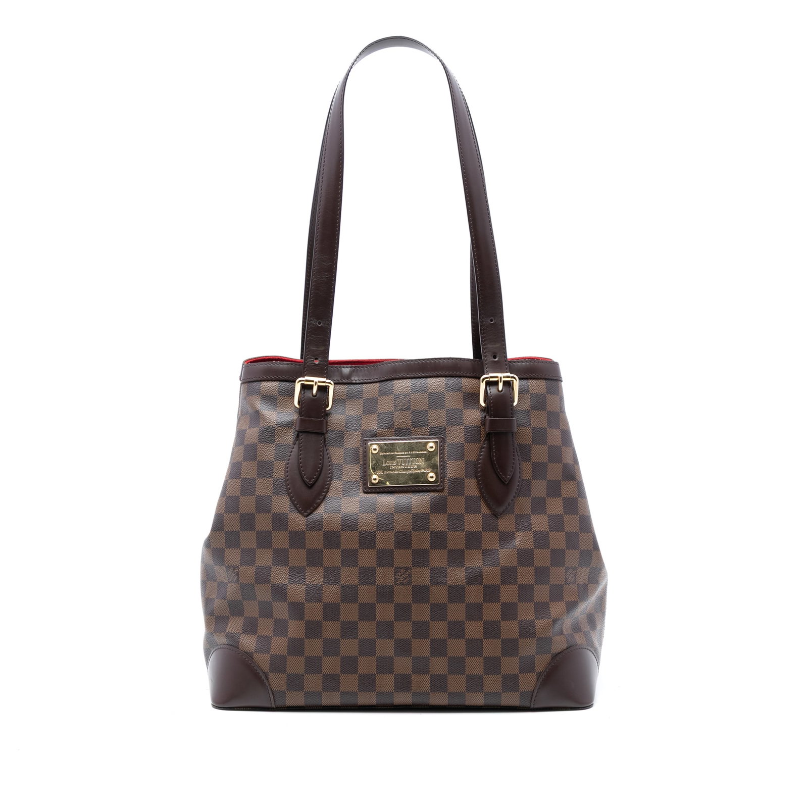 Louis Vuitton Hampstead GM tote in Damier Ebene canvas with leather accents: Louis Vuitton Hampstead GM tote in Damier Ebene canvas with leather accents The Louis Vuitton Damier Ebene Hampstead GM is crafted from signature Damier Ebene canvas with leather trim and features adj