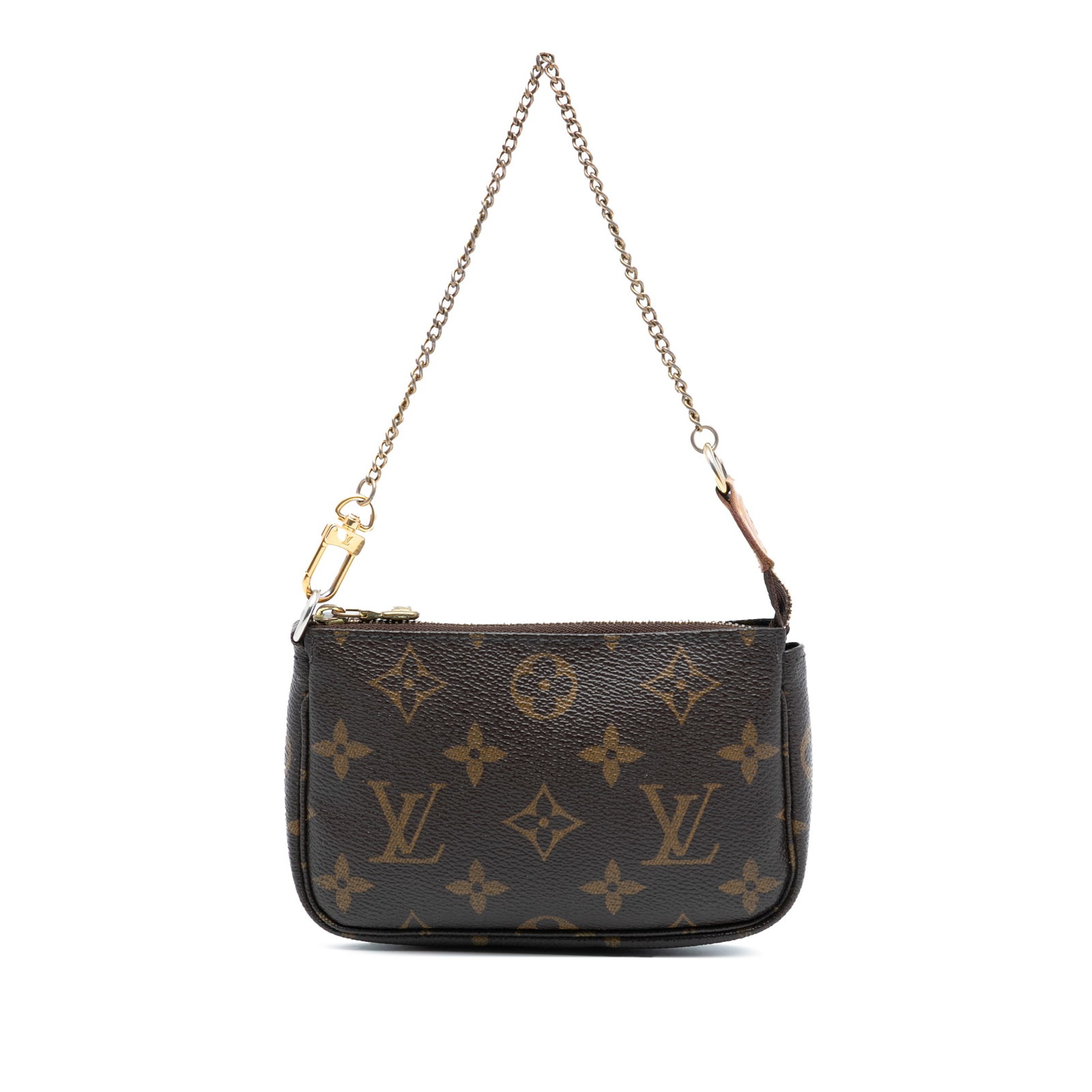 Louis Vuitton Mini Monogram Canvas Pouch with Gold Tone Chain: Louis Vuitton Mini Monogram Canvas Pouch with Gold Tone Chain This Louis Vuitton Monogram Mini Pochette Accessoires features the iconic monogram canvas body, complemented by a gold-tone chain strap an