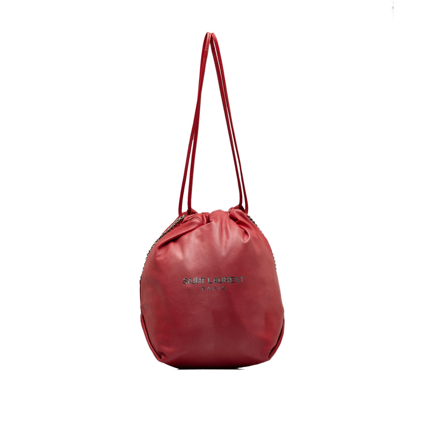 Saint Laurent Red Leather Small Teddy Bucket Bag with Chain Strap: Saint Laurent Red Leather Small Teddy Bucket Bag with Chain Strap Introducing the Saint Laurent Small Teddy Bucket, a stylish and sophisticated bag designed for fashion enthusiasts. This exquisite pie