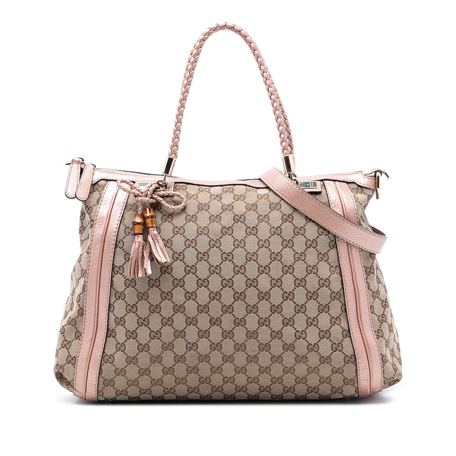 Gucci Bella GG Canvas Convertible Tote with Braided Leather Handles: Gucci Bella GG Canvas Convertible Tote with Braided Leather Handles This Gucci GG Canvas Bella Convertible Tote features a beige canvas body with leather trim and braided leather handles. It is design