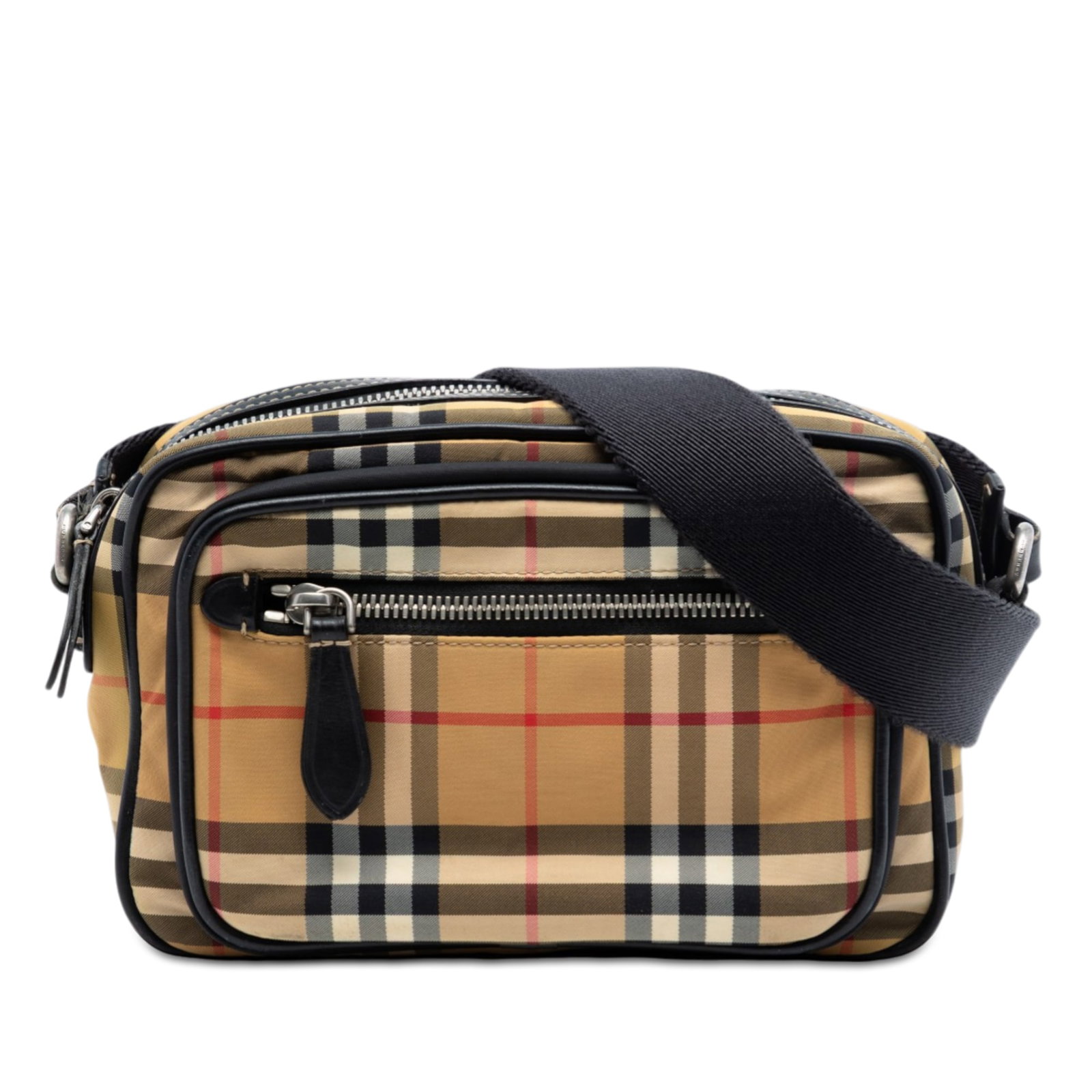 Burberry Nylon Crossbody Bag with House Check and Leather Accents: Burberry Nylon Crossbody Bag with House Check and Leather Accents This Burberry House Check Nylon Paddy Crossbody bag features a nylon body with leather trim, an adjustable flat strap, a top zip closu