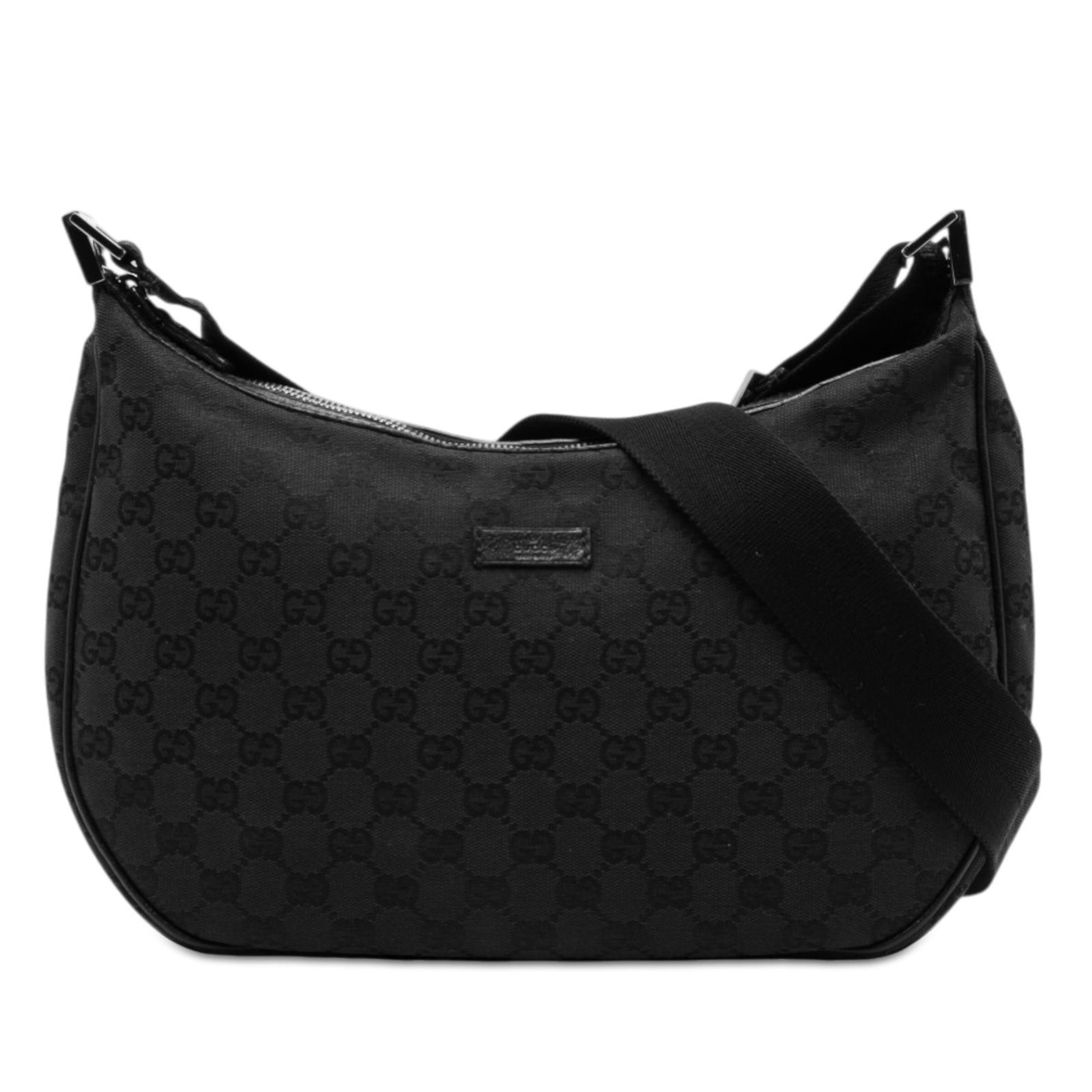 GG Canvas Black Crossbody Bag with Leather Trim by Gucci: GG Canvas Black Crossbody Bag with Leather Trim by Gucci This Gucci GG Canvas Crossbody bag features a canvas body with leather trim, an adjustable flat strap, a top zip closure, and interior zip and 
