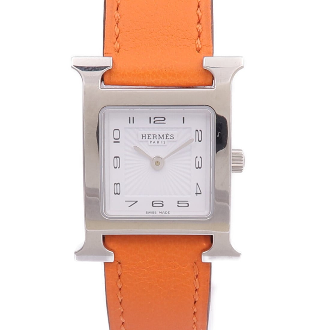 Heure H HH1.210 Stainless Steel Quartz Wristwatch by Hermes: Heure H HH1.210 Stainless Steel Quartz Wristwatch by Hermes This Hermes Heure H HH1.210 wristwatch features a stainless steel case and band with a white dial. Powered by a quartz movement, this timepi