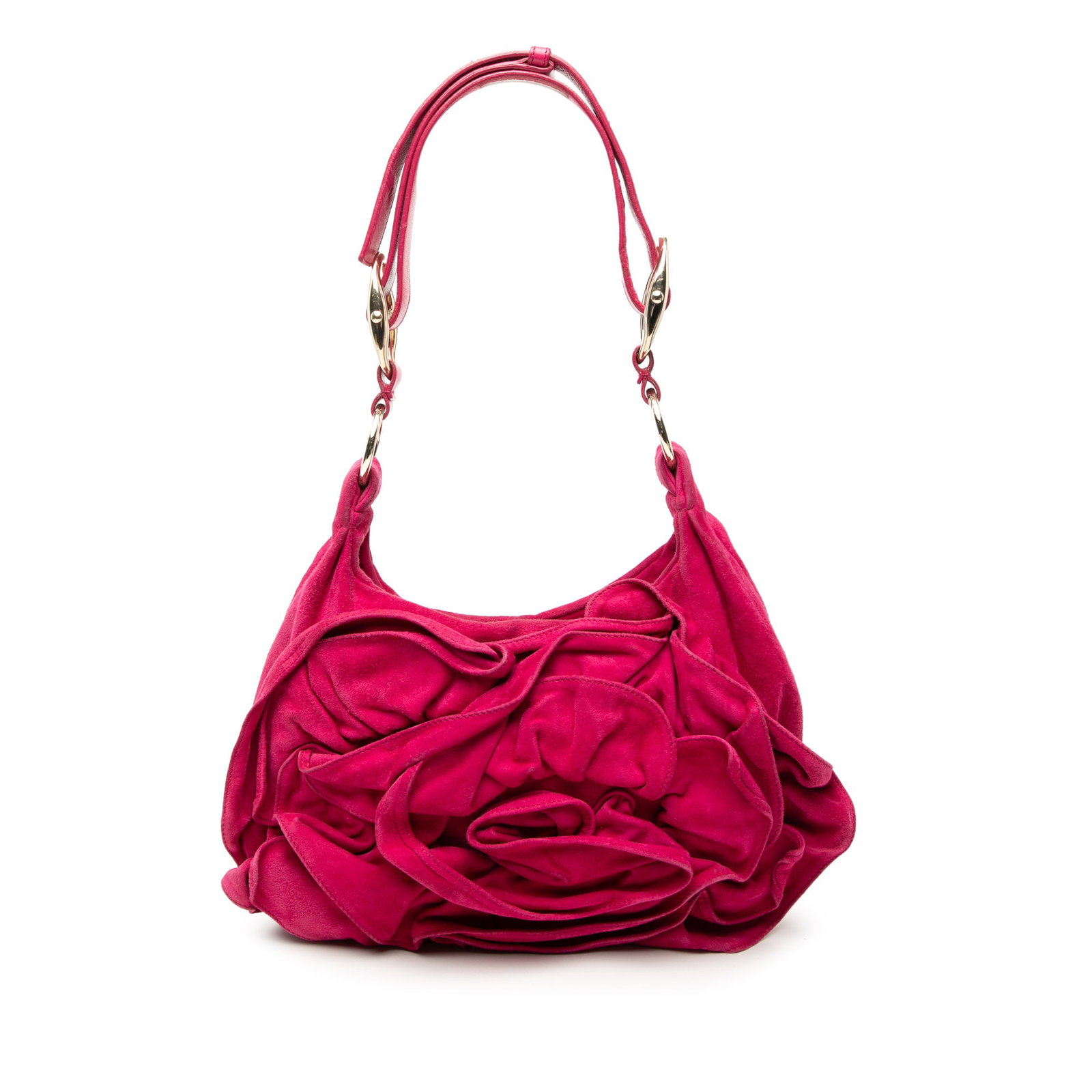 Saint Laurent Nadja Rose Pink Suede Shoulder Bag with Leather Strap: Saint Laurent Nadja Rose Pink Suede Shoulder Bag with Leather Strap This Saint Laurent Nadja Rose shoulder bag features a pink suede body adorned with an oversized rose detail and a flat leather strap