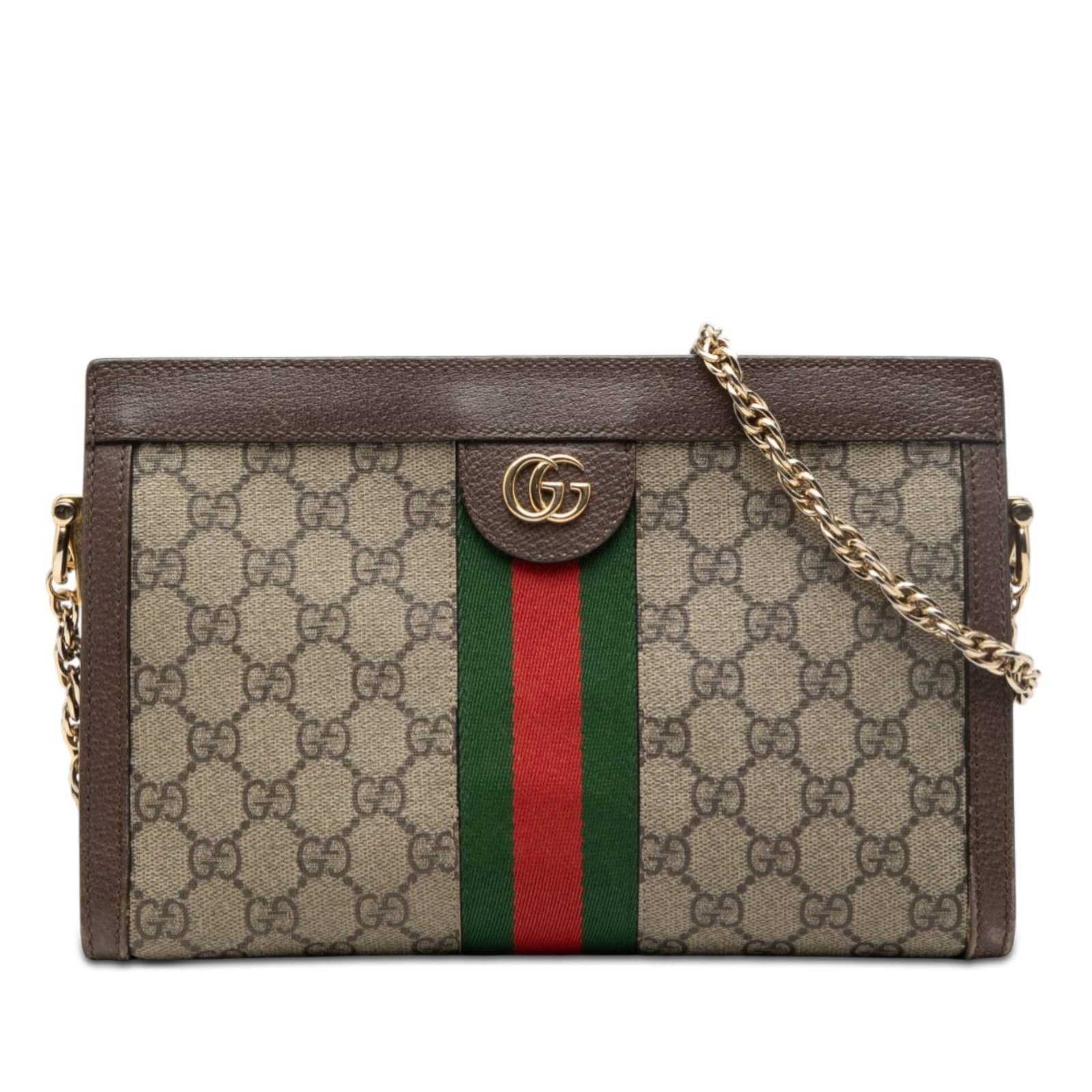 Gucci Ophidia Small GG Supreme Chain Strap Crossbody Bag: Gucci Ophidia Small GG Supreme Chain Strap Crossbody Bag This Gucci Small GG Supreme Web Ophidia Chain Crossbody bag features a coated canvas body with leather trim, a gold-tone chain strap, a magneti