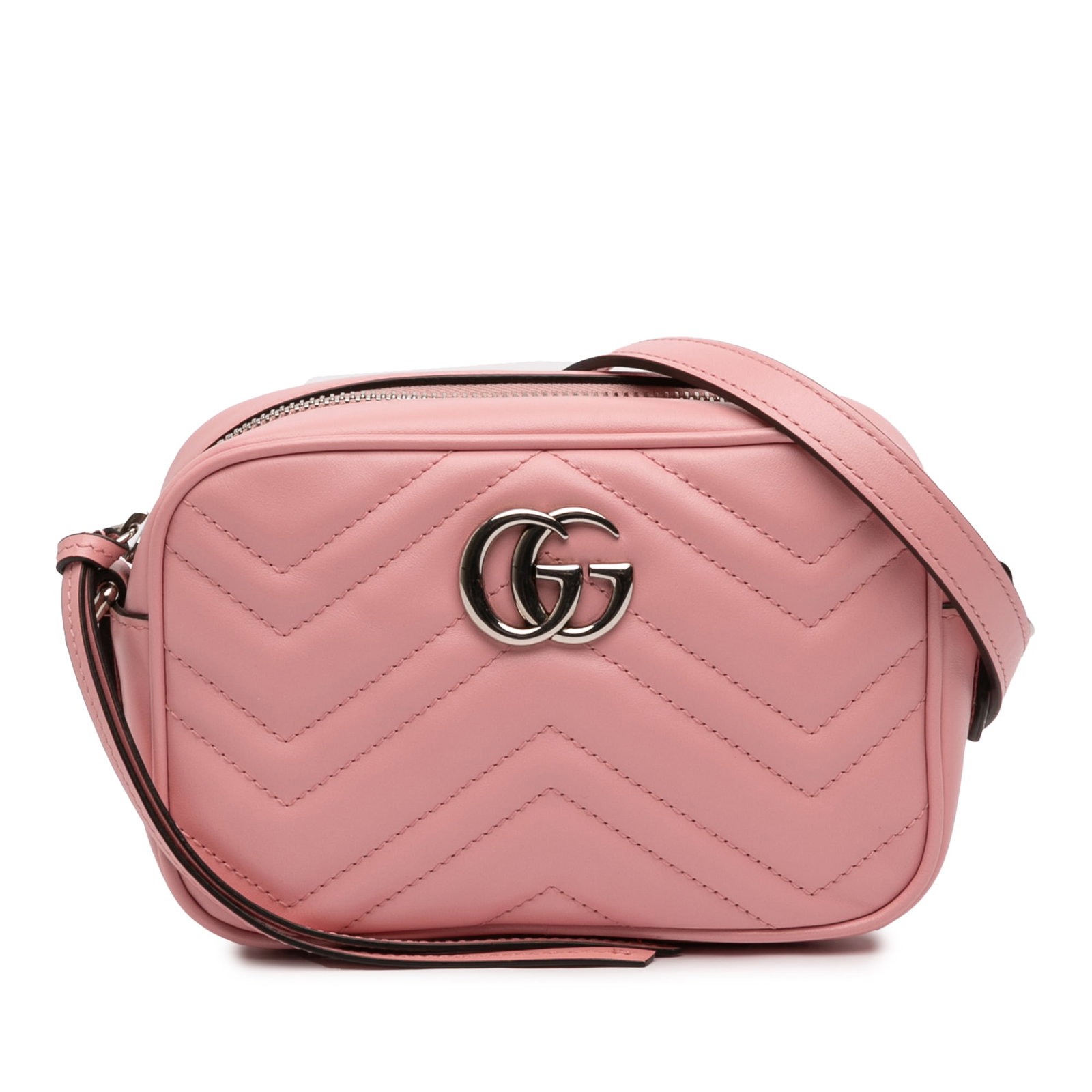 Pink Gucci Mini Marmont Quilted Leather Crossbody Bag: Pink Gucci Mini Marmont Quilted Leather Crossbody Bag This Gucci Mini GG Marmont Matelasse Leather Crossbody features a quilted leather body in pink, a curb chain link with an adjustable flat leather 