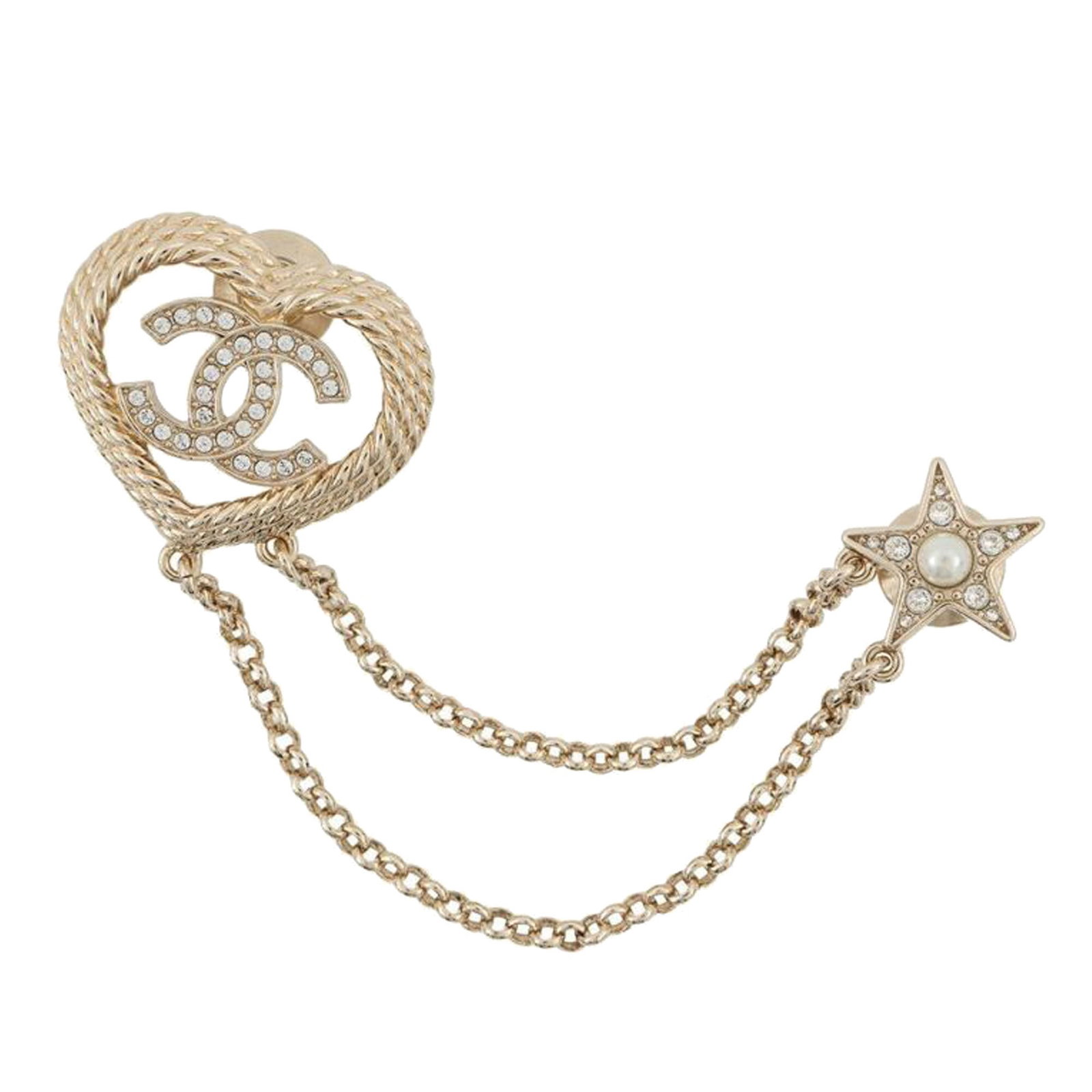 Chanel Heart and Star Brooch Set with Rhinestones and Faux Pearls: Chanel Heart and Star Brooch Set with Rhinestones and Faux Pearls This Chanel double brooch features a gold-tone metal design adorned with rhinestones and faux pearl embellishments. The brooch showcas