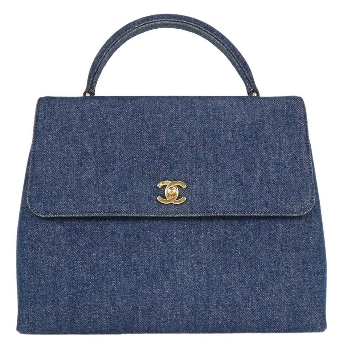 Chanel Blue Denim Handbag with Flap Turnlock Closure: Chanel Blue Denim Handbag with Flap Turnlock Closure This Chanel Blue Denim Top Handle Handbag is a stylish accessory crafted with an exterior made of durable denim and features a chic blue leather li