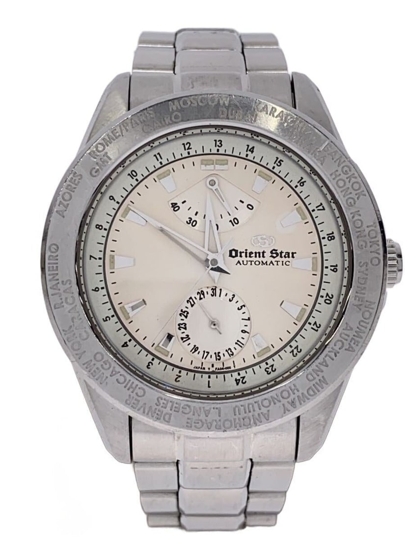Orient Star World Time Men's White Dial Wristwatch fa04-c0: Orient Star World Time Men's White Dial Wristwatch fa04-c0 This ORIENT STAR World Time FA04-C0 men's wristwatch features a white dial and is crafted in Japan. It is in slightly used, pre-owned conditi