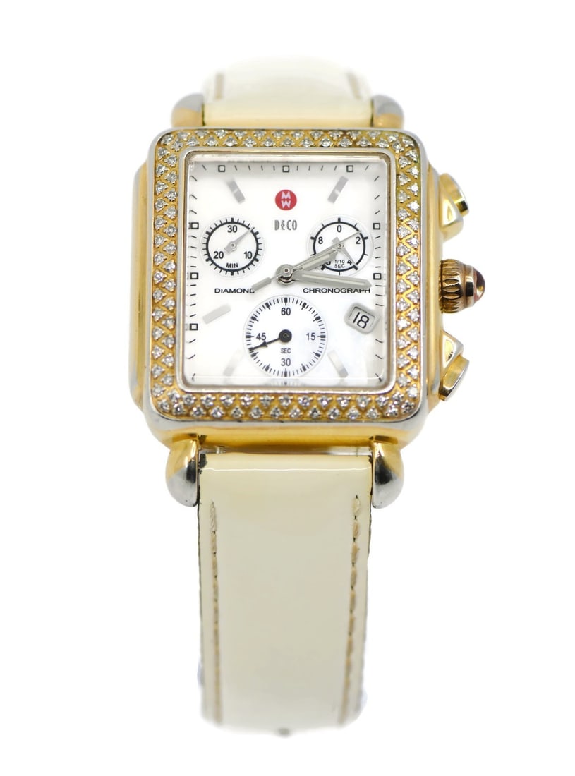MICHELE Deco Chronograph Diamond Two Tone Watch 33x34mm: MICHELE Deco Chronograph Diamond Two Tone Watch 33x34mm This exquisite Michele Deco Chronograph Diamond Two Tone Stainless Steel Watch is a stunning addition to any collection. Featuring a luxurious t