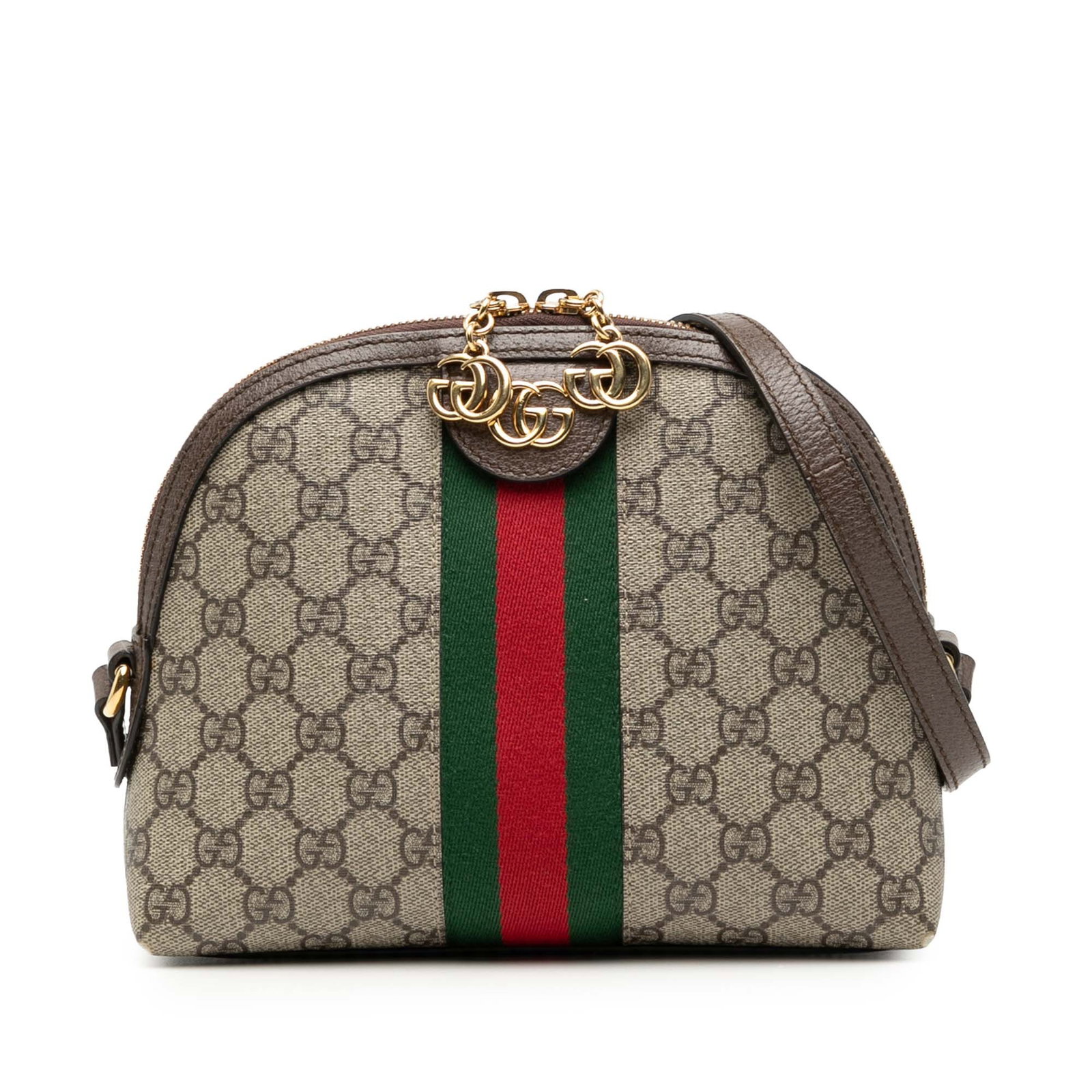 Gucci Ophidia Small Dome Crossbody Bag with GG Supreme Canvas and Web Detail: Gucci Ophidia Small Dome Crossbody Bag with GG Supreme Canvas and Web Detail This Gucci Small GG Supreme Web Ophidia Dome Crossbody bag features a coated canvas body with leather trim and the signatur