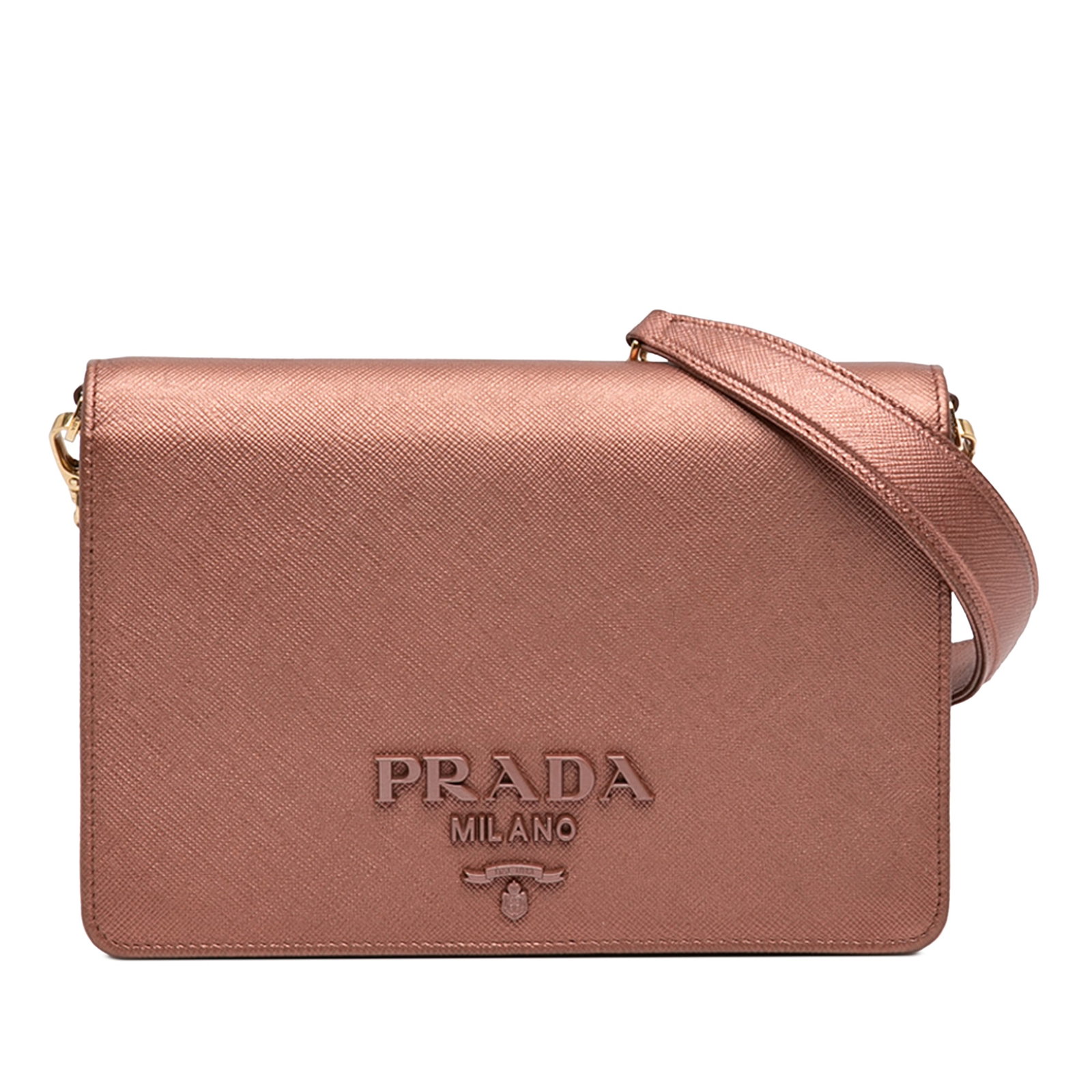 Prada Saffiano Lux Pink Metallic Leather Chain Crossbody Bag: Prada Saffiano Lux Pink Metallic Leather Chain Crossbody Bag This Prada Metallic Saffiano Lux Chain Crossbody bag features a pink saffiano leather body, a curb chain strap, a front flap with snap butt