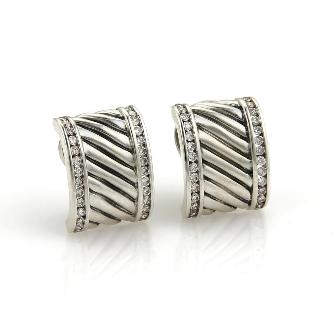 David Yurman Cigar Earrings 1.00ct Diamond Sterling Silver 16mm Cable Design (1 of 3)