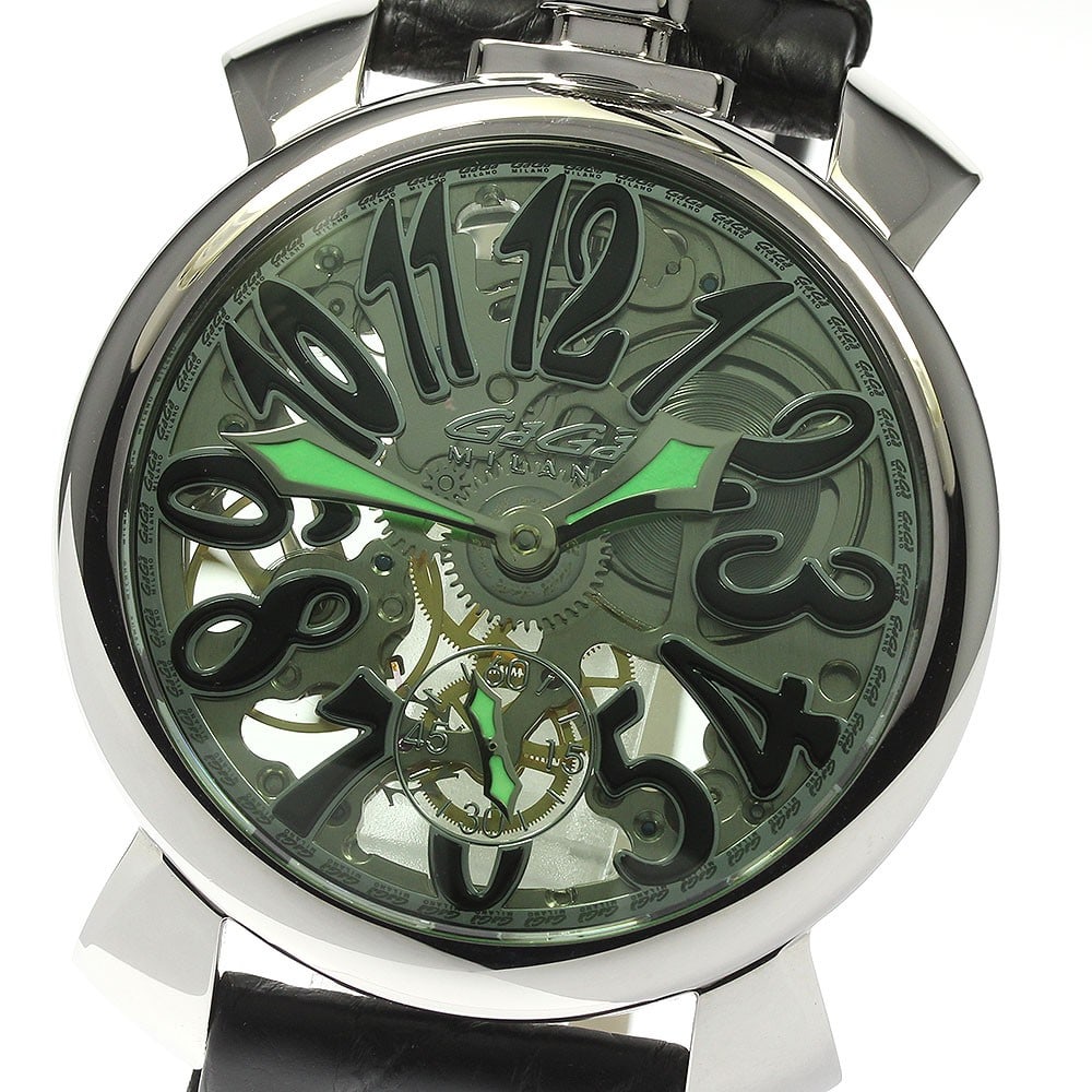 GaGa Milano Skeleton Manual Wind 48mm Men's Wristwatch: GaGa Milano Skeleton Manual Wind 48mm Men's Wristwatch This GaGa MILANO Manuale 48 Skeleton wristwatch features a stainless steel case with a skeleton dial and a leather bracelet. The manual winding m