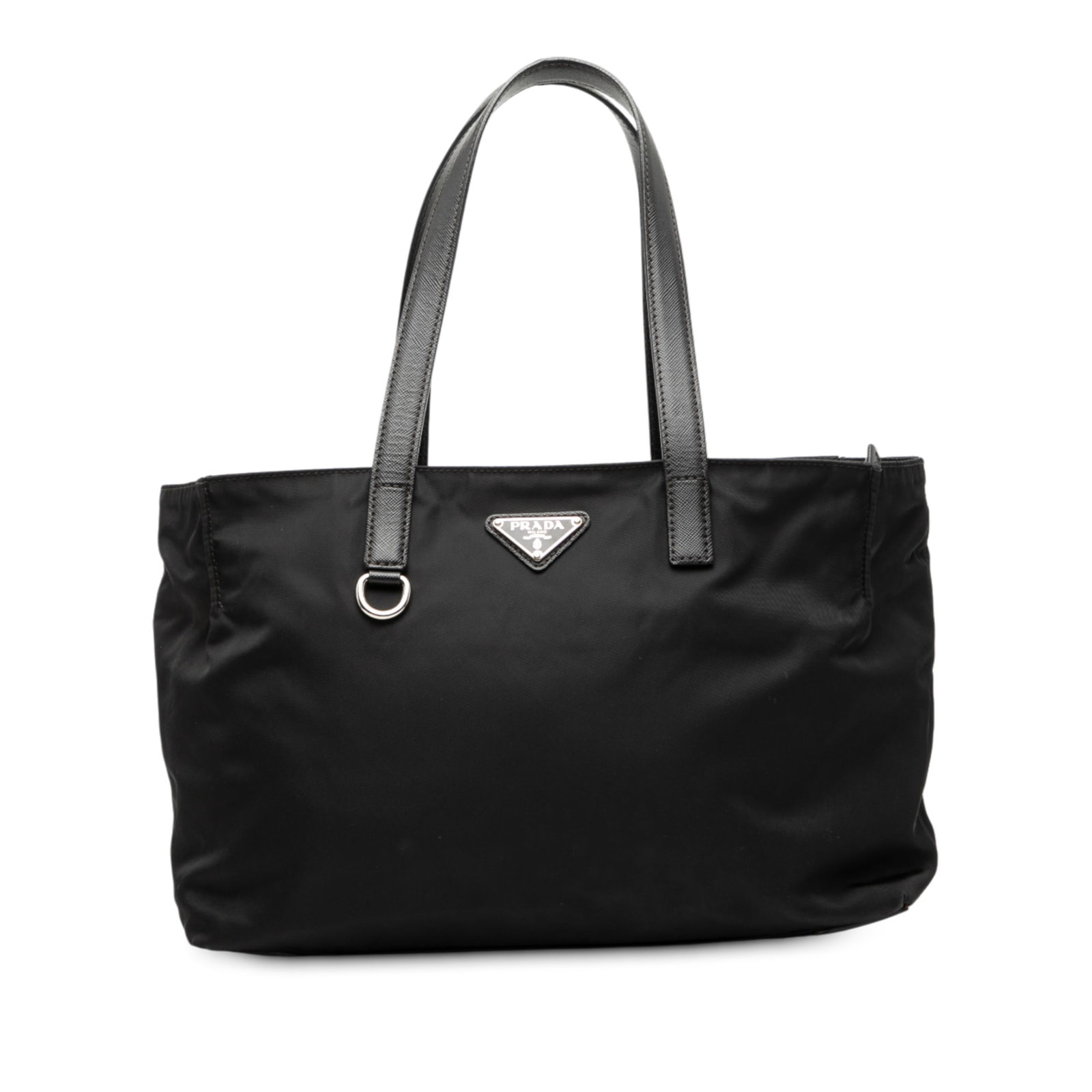 Black Tessuto Tote with Saffiano Leather Trim by Prada: Black Tessuto Tote with Saffiano Leather Trim by Prada This Prada Saffiano Trimmed Tessuto Tote features a nylon body complemented by flat saffiano leather straps. The bag is designed with a top zip c