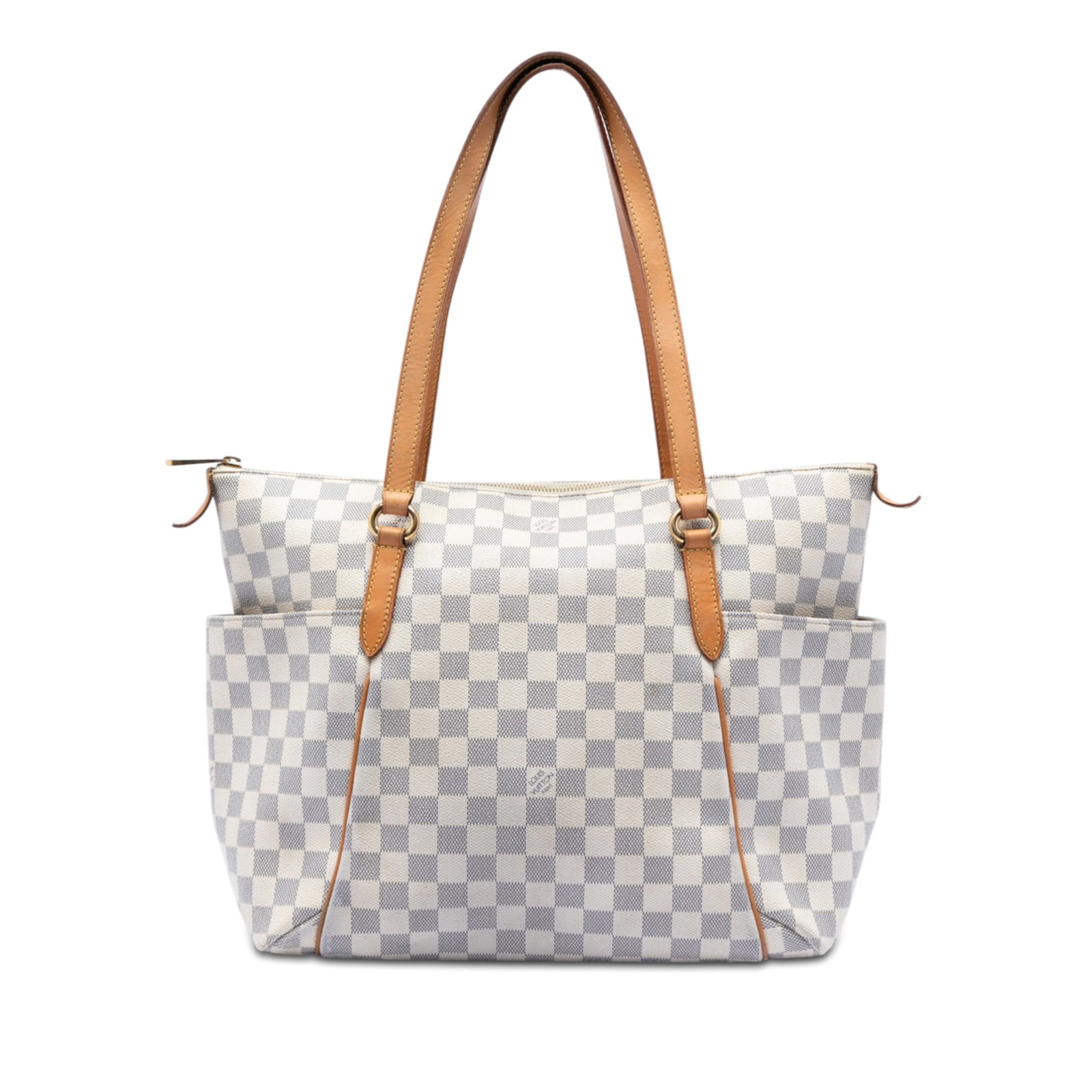 Louis Vuitton Totally MM Shoulder Bag Damier Azur Canvas with Vachetta Leather Trim: Louis Vuitton Totally MM Shoulder Bag Damier Azur Canvas with Vachetta Leather Trim The Louis Vuitton Damier Azur Totally MM features a damier azur canvas exterior accented with vachetta leather trim 