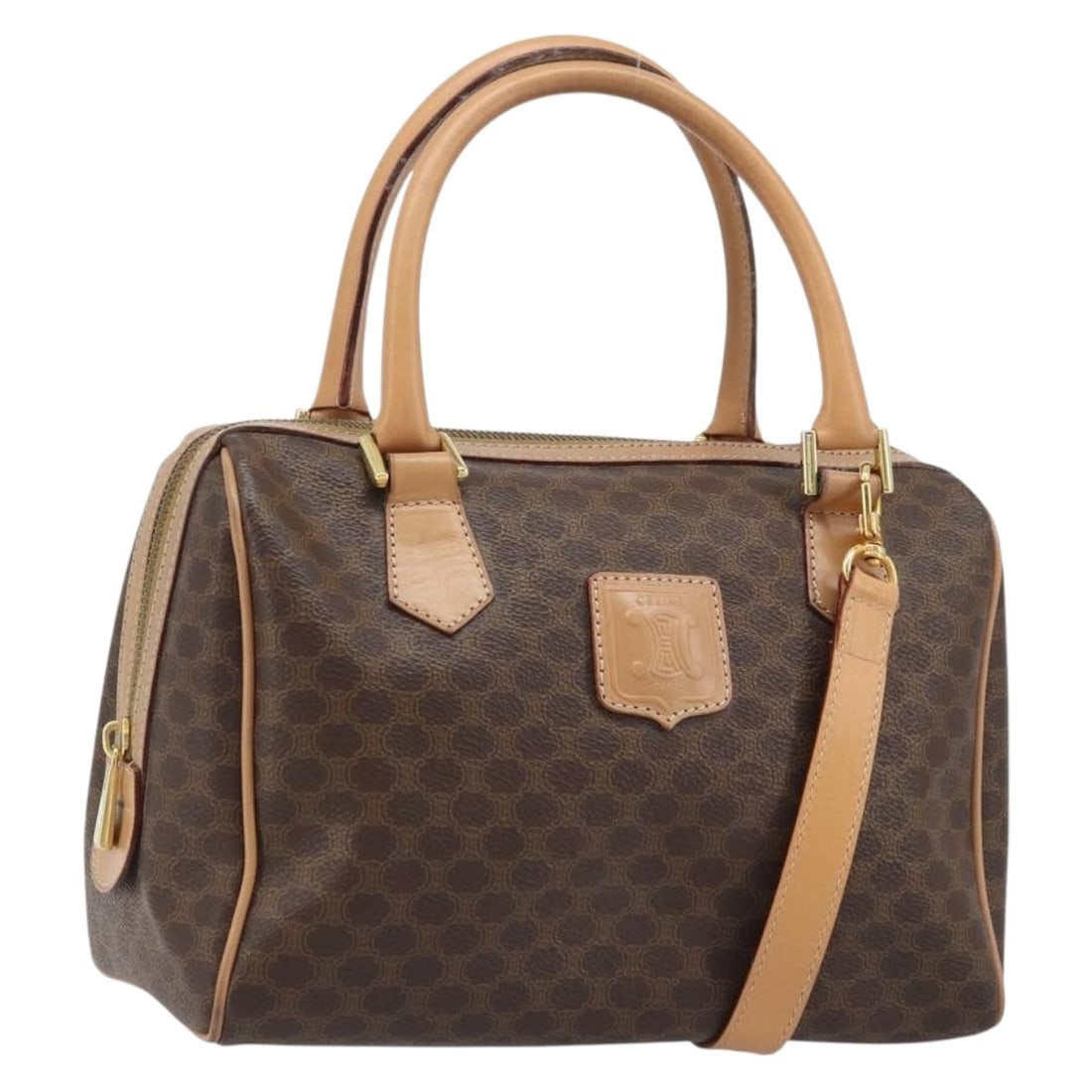 Celine Macadam Brown PVC Leather Convertible Shoulder and Handbag with Dust Bag: Celine Macadam Brown PVC Leather Convertible Shoulder and Handbag with Dust Bag This Celine Macadam Canvas 2-way handbag features a brown and gold color scheme with PVC leather and Macadam canvas mate