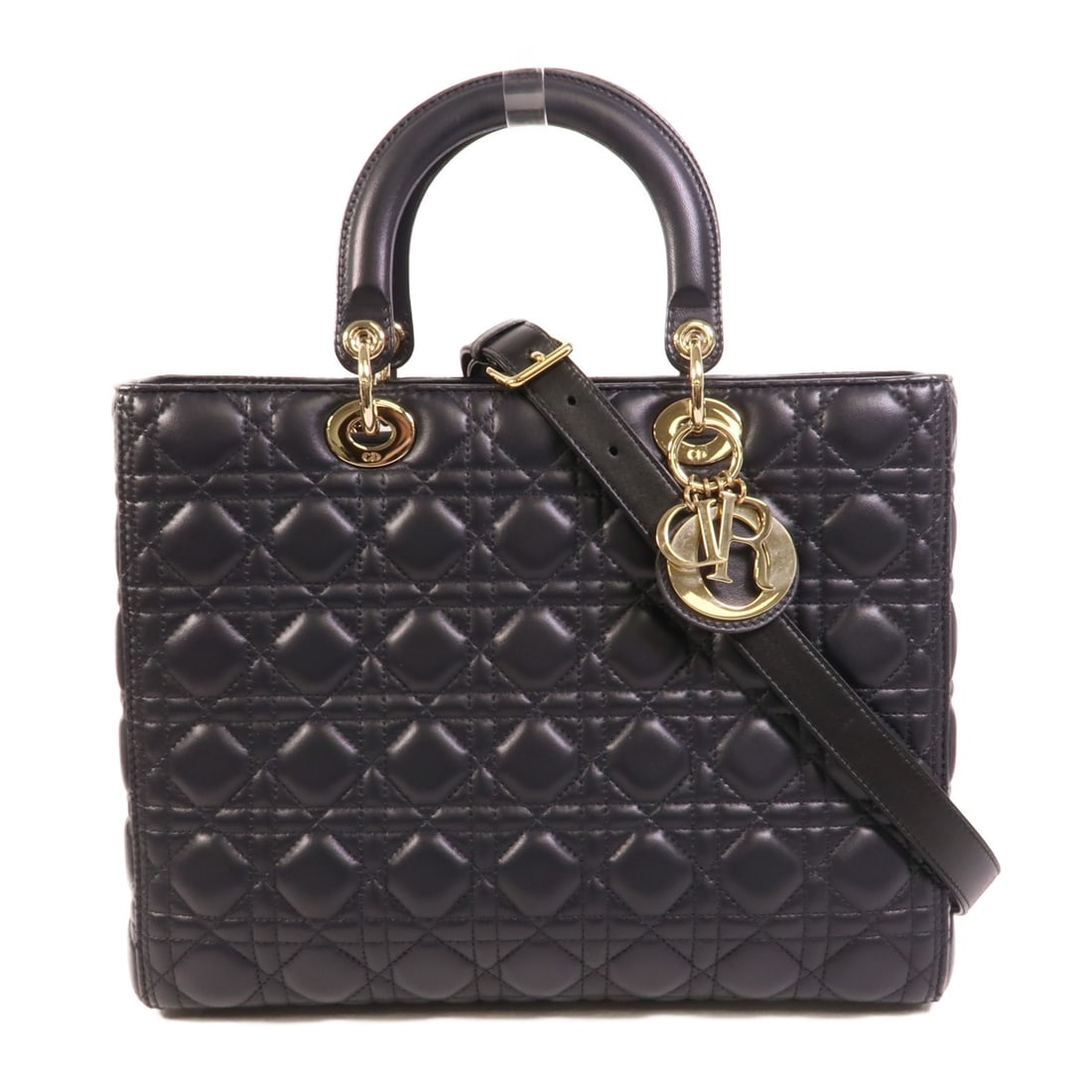 Dior Lady Dior Navy Lambskin 2way Shoulder Bag GHW Large: Dior Lady Dior Navy Lambskin 2way Shoulder Bag GHW Large This Christian Dior Lady Dior Large 2-way shoulder bag is crafted from luxurious navy lambskin leather. Featuring gold-tone hardware, it offers