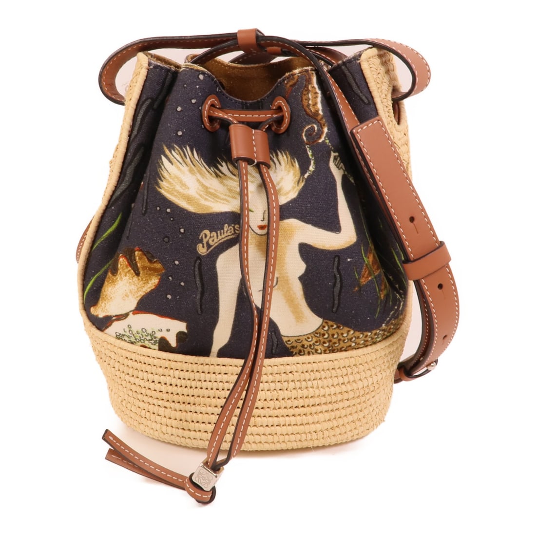 LOEWE Balloon Shoulder Bag Blue Canvas Raffia: LOEWE Balloon Shoulder Bag Blue Canvas Raffia This LOEWE Small Balloon shoulder bag features a stylish combination of canvas and raffia in a blue colorway. Designed for women, it offers a compact silh