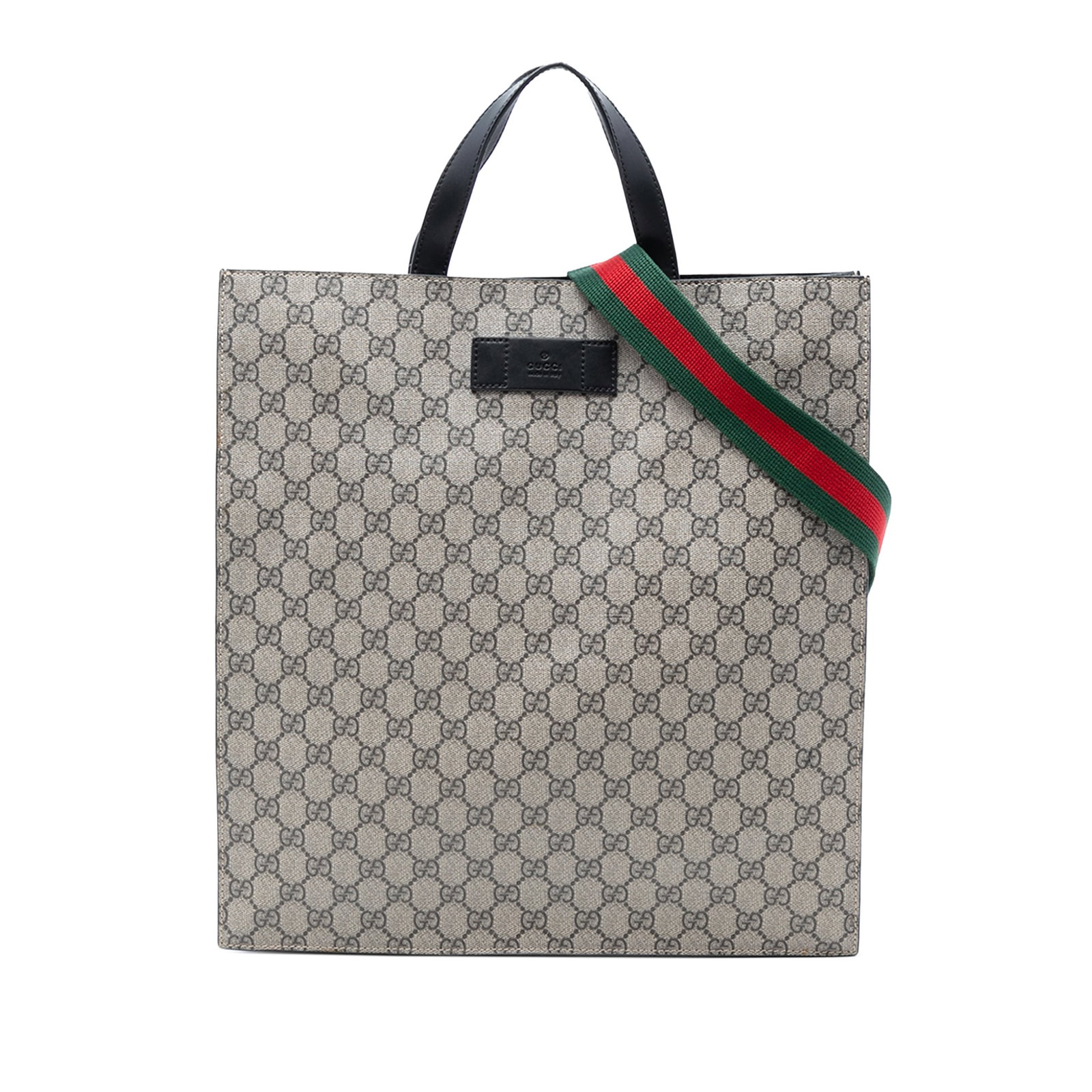 Gucci GG Supreme Canvas Satchel with Web Strap Beige: Gucci GG Supreme Canvas Satchel with Web Strap Beige This Gucci GG Supreme Web Vertical Satchel features a coated canvas body with flat leather handles and a detachable web strap. The bag is designed 