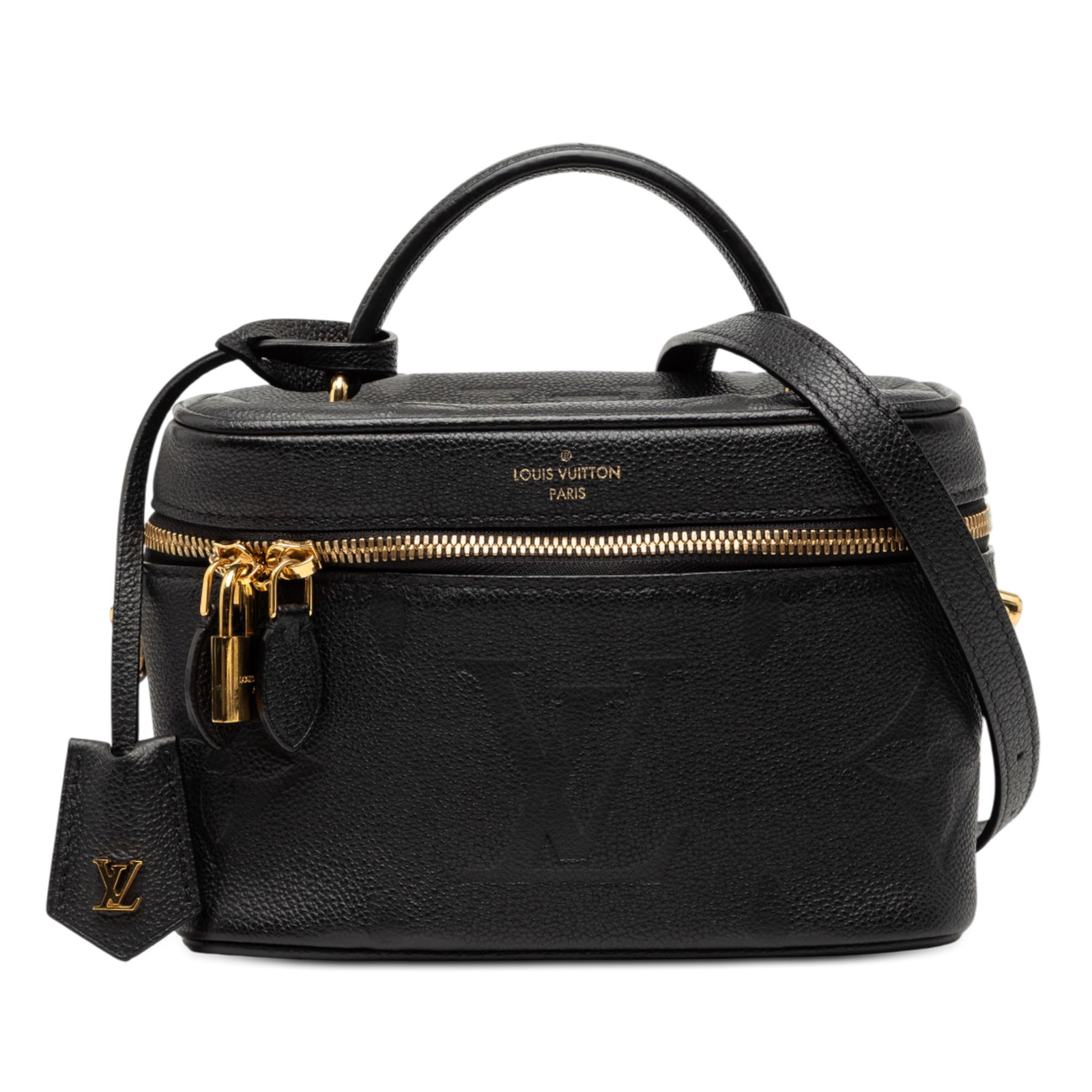 Louis Vuitton Vanity PM Monogram Giant Empreinte Leather Bag with Chain Strap: Louis Vuitton Vanity PM Monogram Giant Empreinte Leather Bag with Chain Strap This Louis Vuitton Monogram Giant Empreinte Vanity PM features a monogram-embossed leather body in black, a top handle, a 