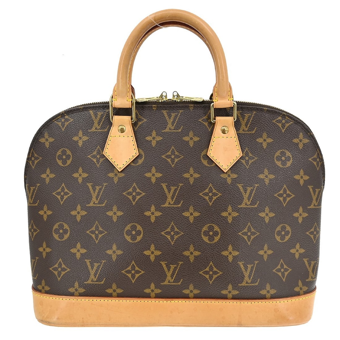 Louis Vuitton Monogram Alma Medium Canvas Handbag Brown M51130: Louis Vuitton Monogram Alma Medium Canvas Handbag Brown M51130 This Louis Vuitton Alma handbag features the iconic Monogram canvas with beige double handles and a zip closure. Designed as a medium-siz