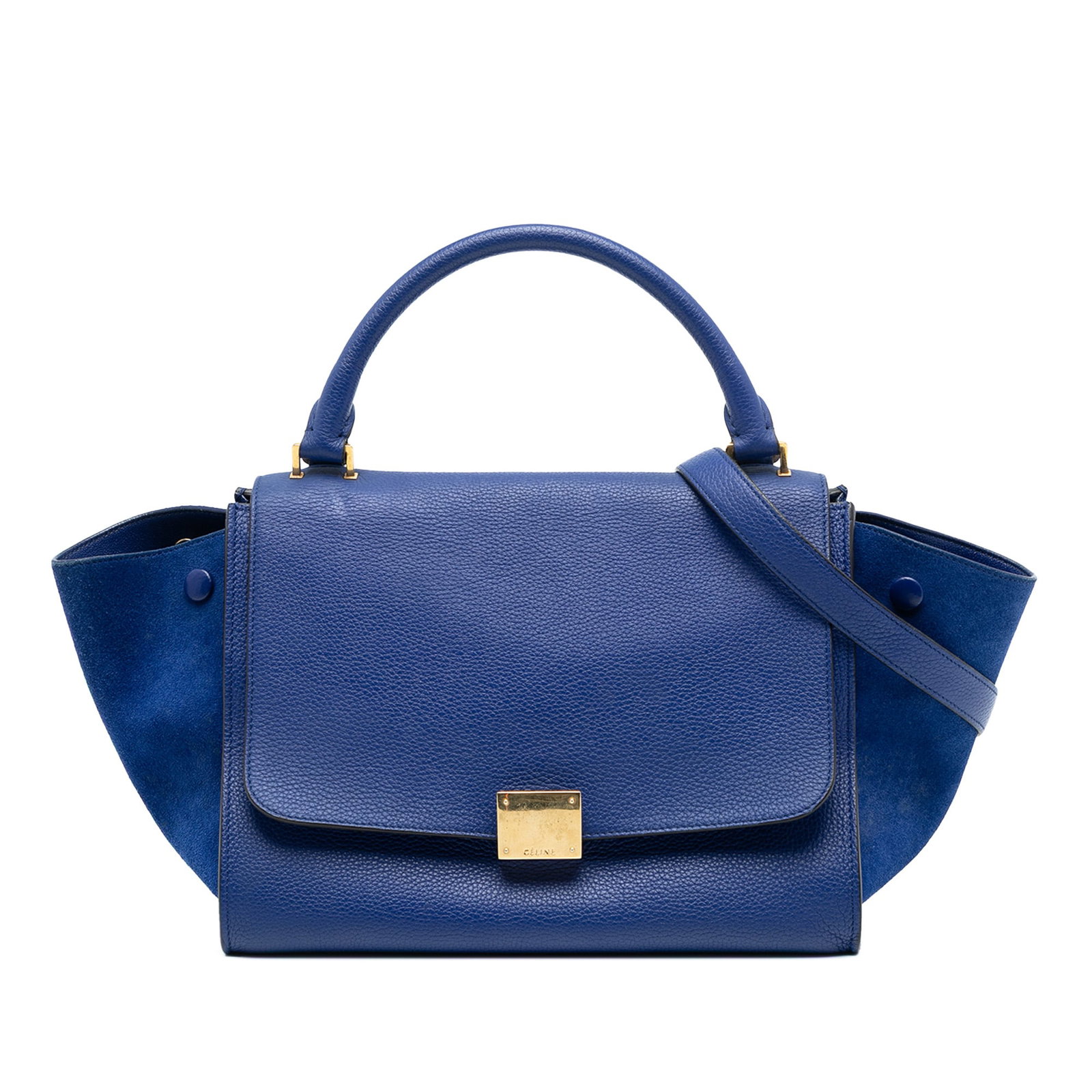 Celine Trapeze Small Blue Leather Satchel With Suede Side Panels: Celine Trapeze Small Blue Leather Satchel With Suede Side Panels This Celine Small Leather Trapeze Satchel features a blue leather body with suede side panels, a rolled top handle, a detachable flat s