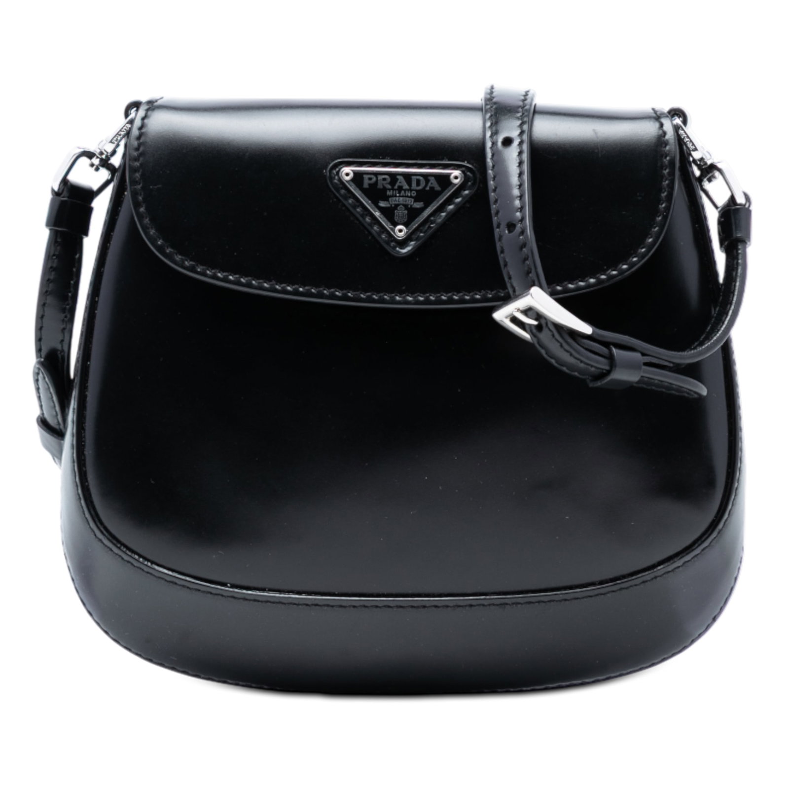 Prada Cleo Mini Black Patent Leather Crossbody Flap Bag: Prada Cleo Mini Black Patent Leather Crossbody Flap Bag This Prada Mini Spazzolato Cleo Flap crossbody bag features a patent leather exterior in black, an adjustable flat leather strap, and a front fl