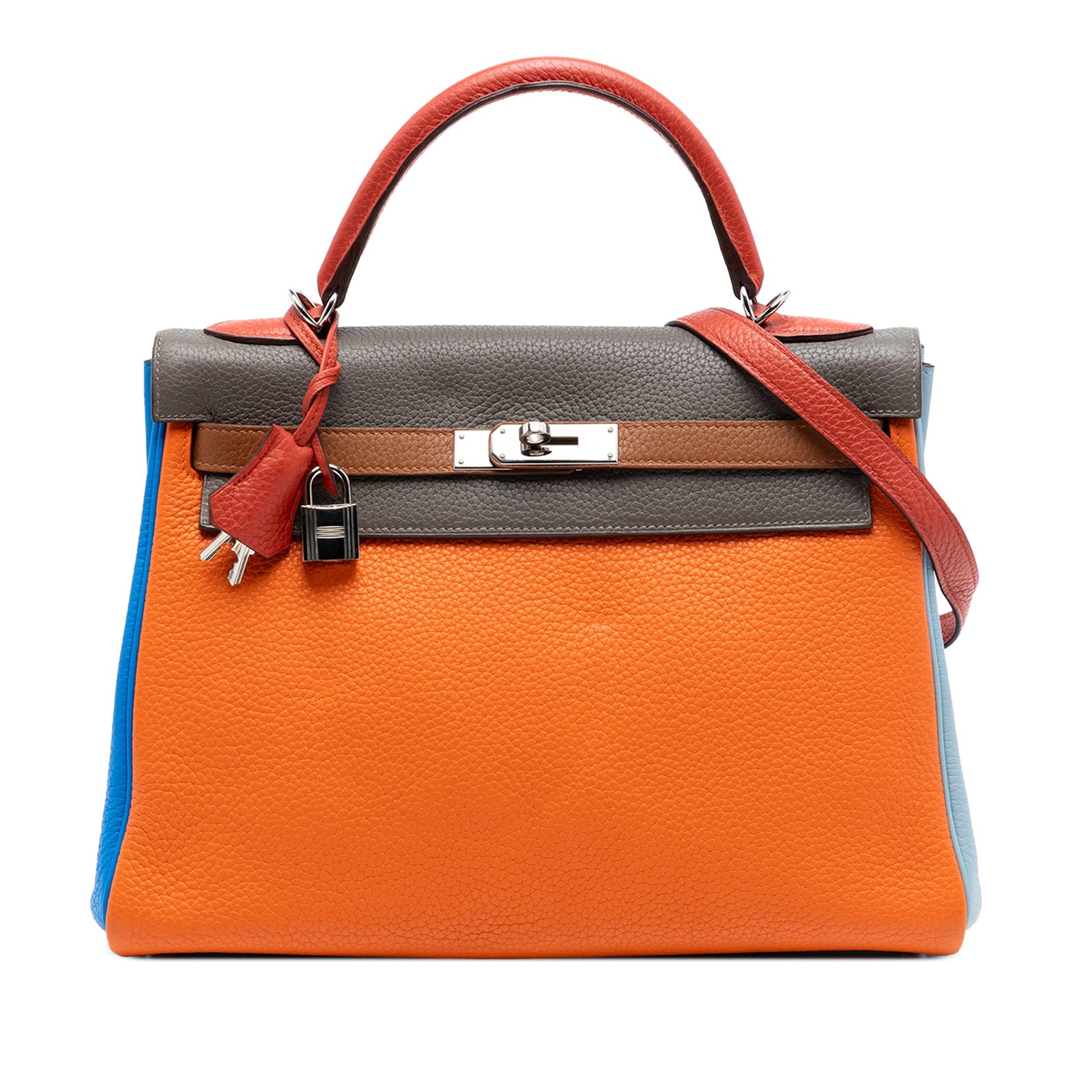 Hermes Kelly II Arlequin Retourne 32 Clemence Leather Multicolor Handbag: Hermes Kelly II Arlequin Retourne 32 Clemence Leather Multicolor Handbag This Hermes Kelly II Retourne 32 is crafted from Clemence leather in a vibrant mix of orange, sanguine, gold, bleu lin, bleu hy