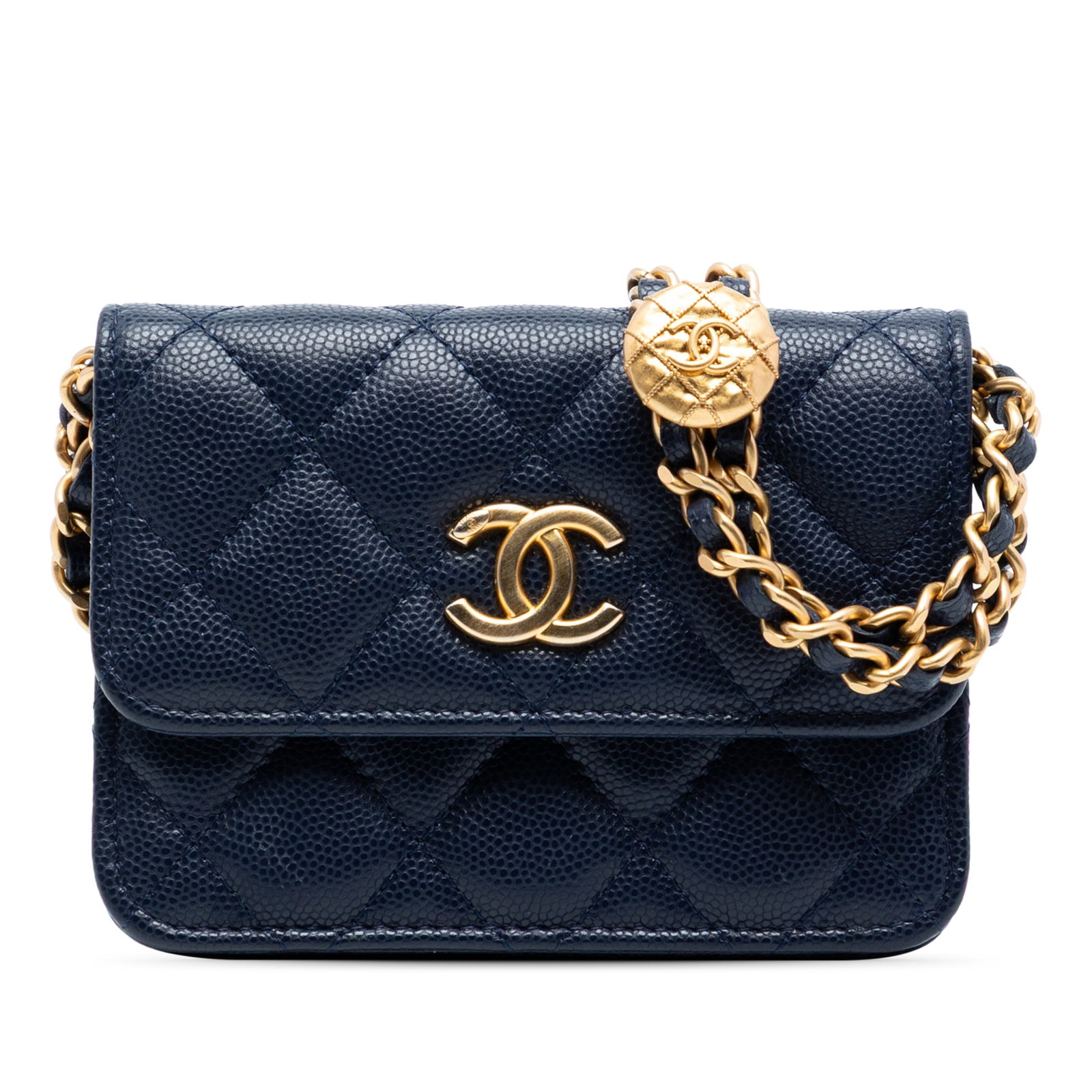 Chanel Blue Quilted Caviar Leather Coin Purse with Chain Strap: Chanel Blue Quilted Caviar Leather Coin Purse with Chain Strap This Chanel coin purse features a quilted caviar leather body in blue, a chain link strap with a leather guard, and a front flap with mag