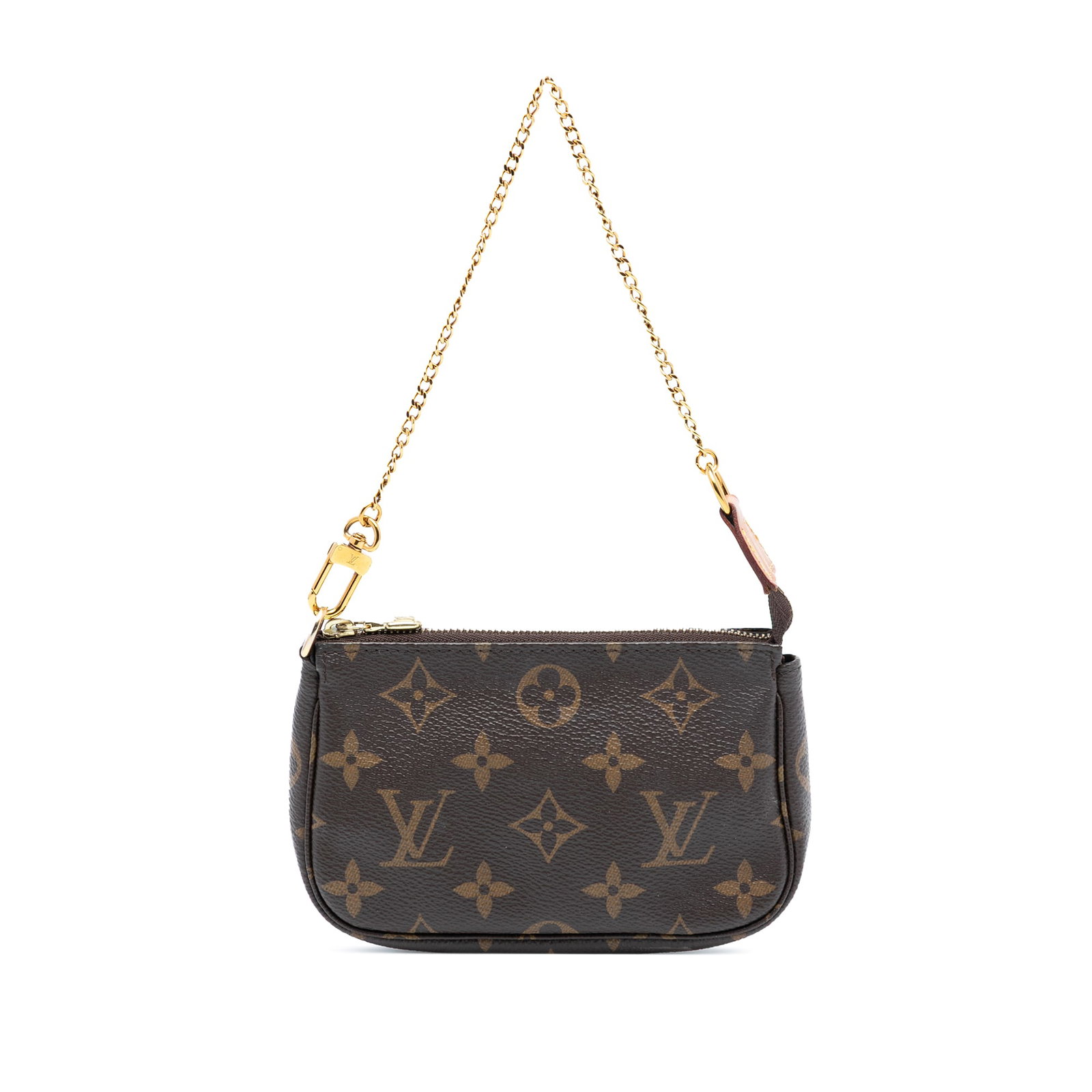 Brown Monogram Canvas Mini Bag with Chain Strap by Louis Vuitton: Brown Monogram Canvas Mini Bag with Chain Strap by Louis Vuitton This Louis Vuitton Monogram Mini Pochette Accessoires features a monogram canvas body with a gold-tone chain strap and a top zip closur