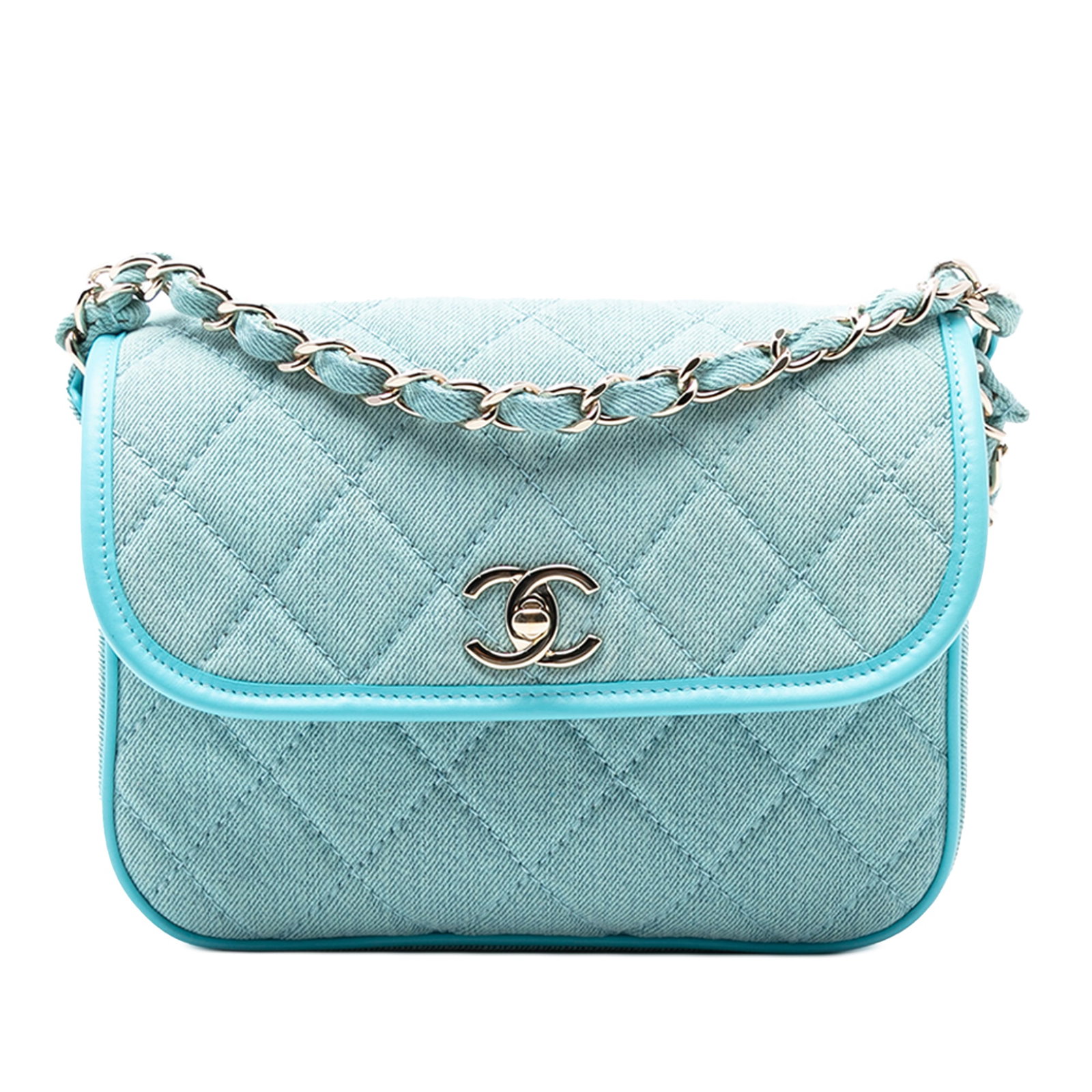 Chanel Small CC Quilted Denim Messenger Bag Blue: Chanel Small CC Quilted Denim Messenger Bag Blue This stylish Chanel Small CC Quilted Denim Messenger Flap is crafted from a quilted denim body complemented with leather trim. It features a denim wove