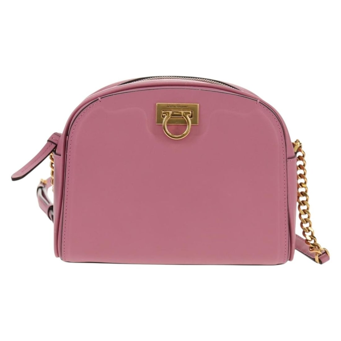 Pink Leather Gancini Shoulder Bag by Salvatore Ferragamo: Pink Leather Gancini Shoulder Bag by Salvatore Ferragamo This Salvatore Ferragamo Gancini shoulder bag is crafted from pink leather, designed for women. It features a compact size suitable for daily u