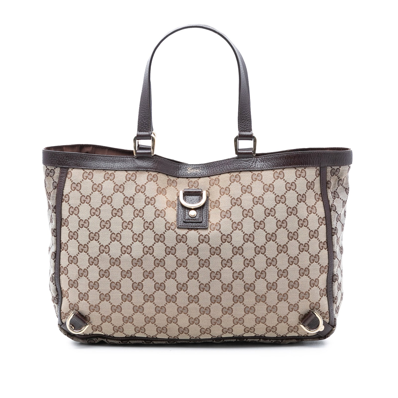 GG Canvas Abbey D Ring Tote Bag with Leather Trim by Gucci: GG Canvas Abbey D Ring Tote Bag with Leather Trim by Gucci This Gucci GG Canvas Abbey D Ring Tote features a beige canvas body with leather trim, flat leather handles, an open top with a magnetic snap