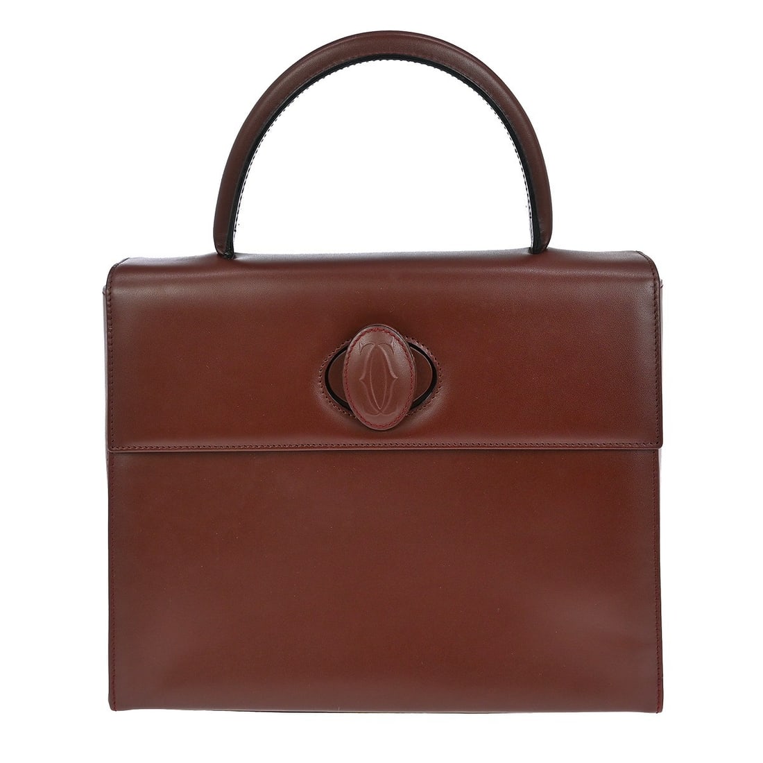 Vintage Must de Cartier Bordeaux Leather Top Handle Bag with Pockets: Vintage Must de Cartier Bordeaux Leather Top Handle Bag with Pockets This vintage Cartier Must de Cartier top handle handbag features a Bordeaux leather exterior with a medium-sized silhouette. Design