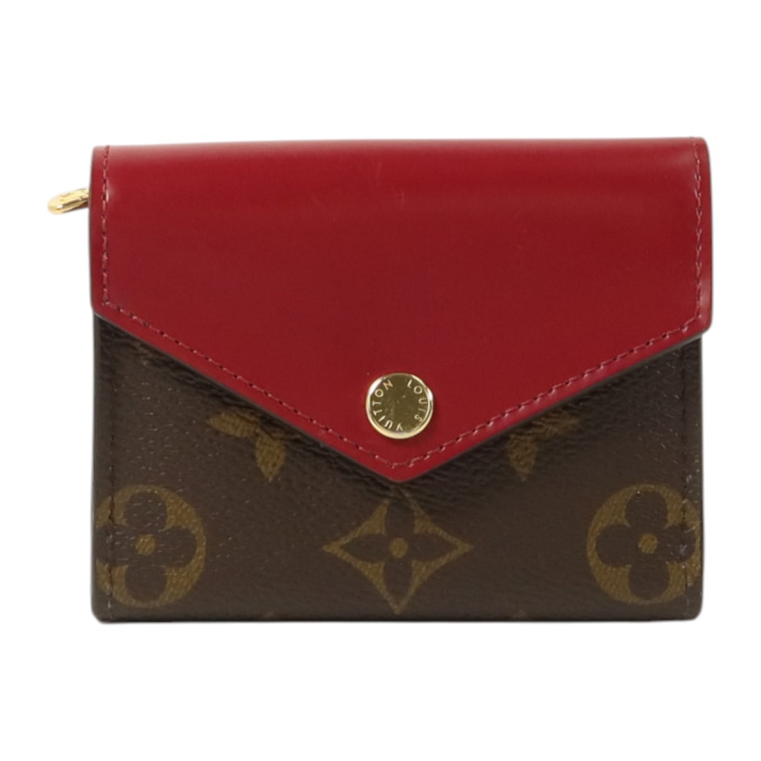 Zoe Bifold Wallet Brown and Red PVC Canvas with Gold Hardware: Zoe Bifold Wallet Brown and Red PVC Canvas with Gold Hardware The Louis Vuitton Zoe wallet features a bifold design crafted from durable PVC coated canvas with cowhide leather accents. It showcases th